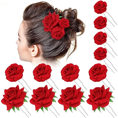 BBTO 12 pinzas para el pelo de rosas rojas, grandes, medianas y pequeñas, para mujeres y niñas, elegantes horquillas para el cabello de flores de
