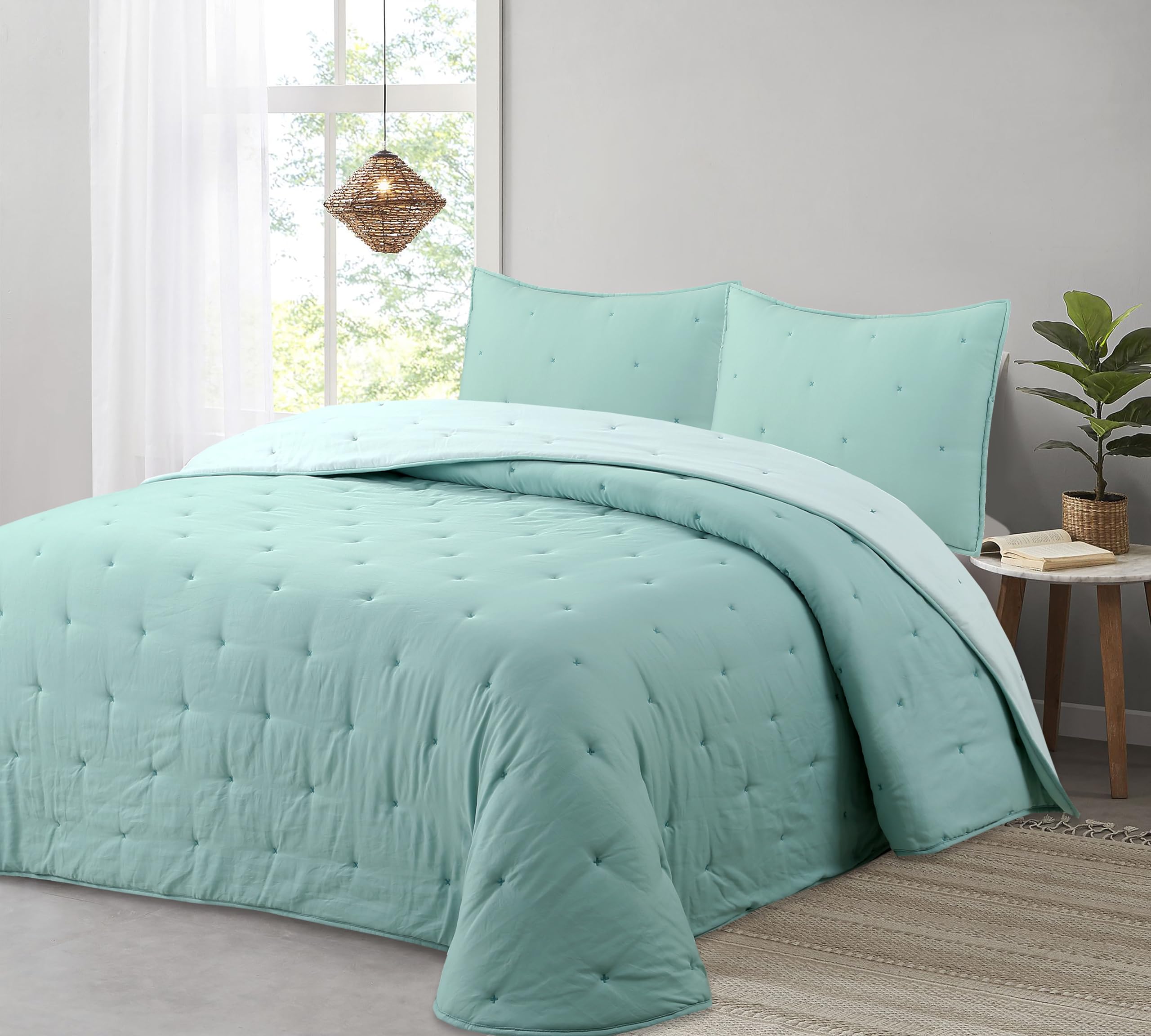 Comforter De Microfibra Reversible. Edredón 100% Microfibra Tacto Extra Suave - Modelo Zuri - Incluye Funda de Cojín. (Aqua, Cama 90 cm)