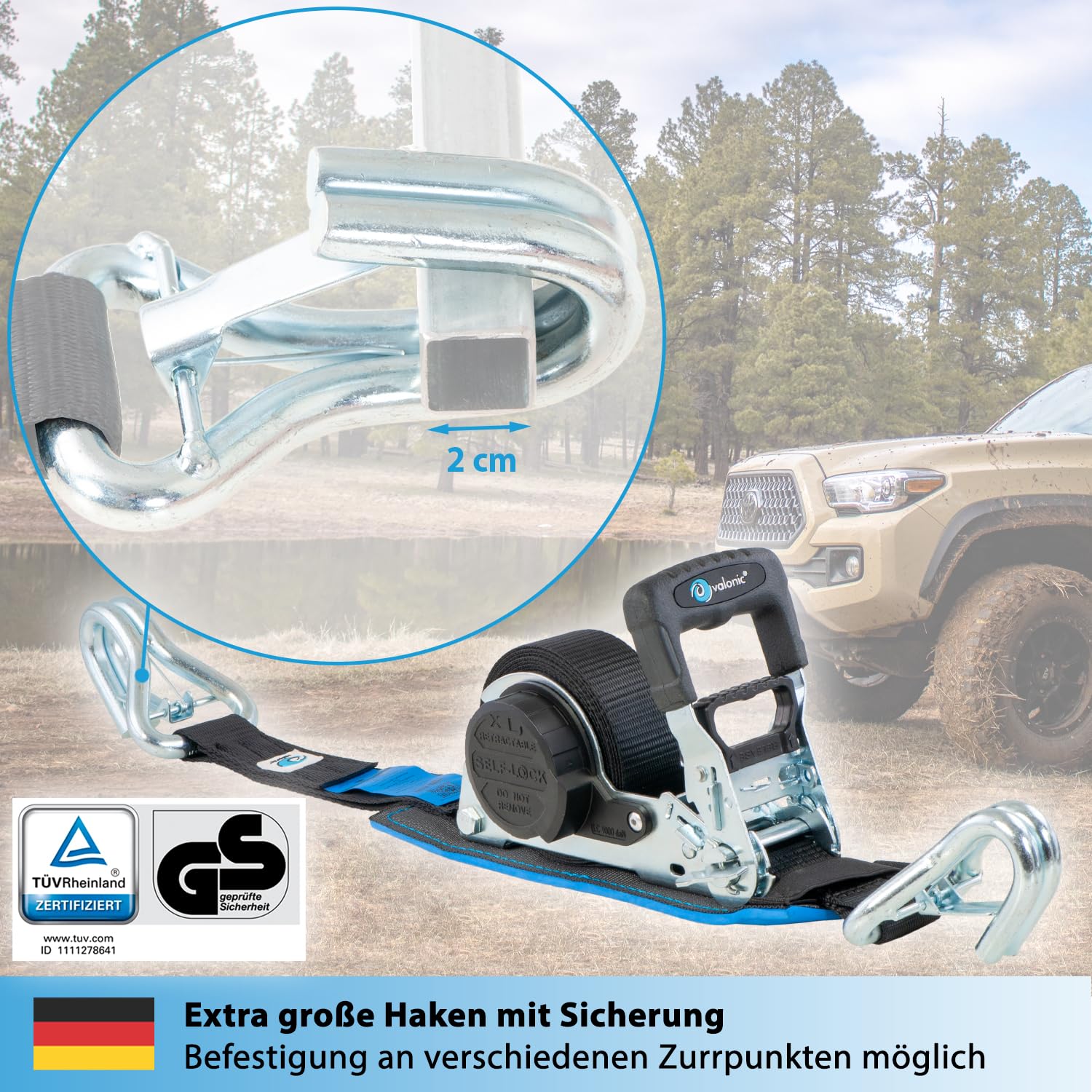 valonic Grizzly - 2X 5m XXL Automatik Spanngurt mit Haken, gepolstert, Blaue Fahne, 35mm, 800/1600Kg, TÜV Rheinl. / GS, EN 12195-2 - Spanngurte mit Ratsche, Zurrgurte für Motorrad, Auto, schwarz