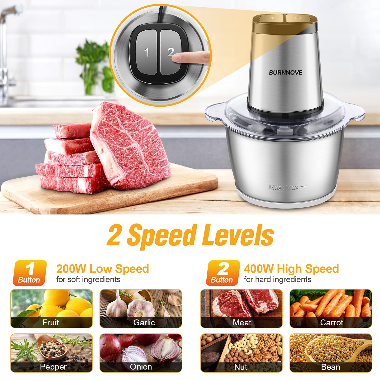 Mixeur Hachoir Electrique 500W Facelle - Bol En Verre 2L, 4 Lames - Pour Viande, Soupe, Légumes, Aliments Bébé