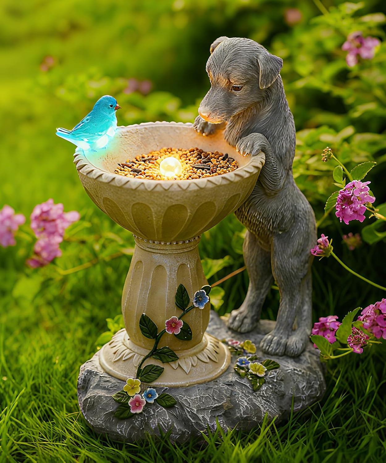 Nacome Solar Dog Garden Statues: Weatherproof Resin Decor with Automatic Lighting - Outdoor Yard Lawn Patio Balcony Art - Gifts for Mom Grandma Women Bird Lovers