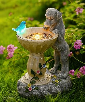 Nacome Solar Dog Garden Statues Weatherproof Resin Decor | Outdoor Yard Lawn Patio Balcony Decorations, Gifts for Mom Grandma Women Bird Lovers, Automatic Warm LED Light