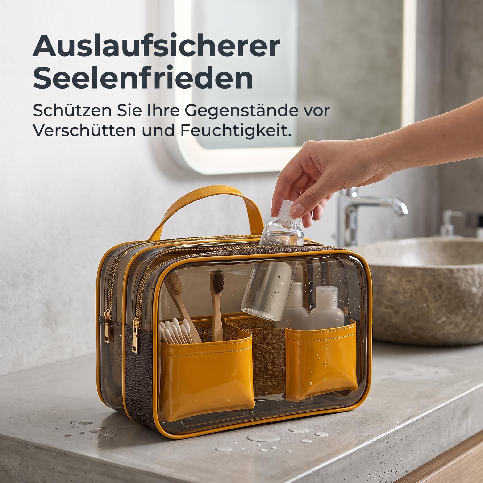 Transparente Toilettentasche mit Nassfach – wasserdichte Waschtasche für und Kosmetik, Bernsteinorange, Orange