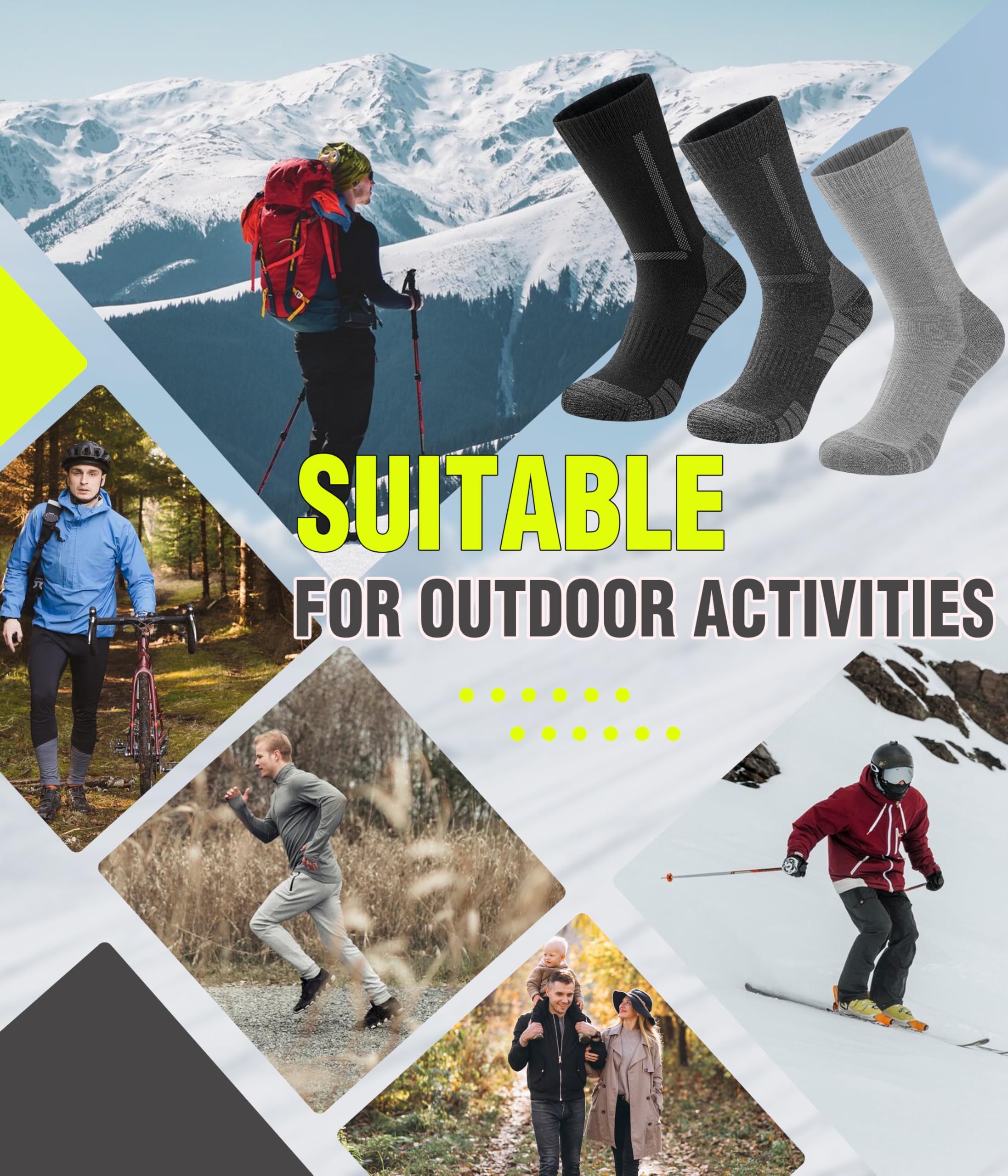 YESWEL 3 Pary Merino Skarpet Trekkingowych Dla Mężczyzn i Kobiet, 60% Wełna Merino Skarpety Termiczne, Zimowe Skarpety Zewnętrzne Z Amortyzacją Na Trekking i Sport