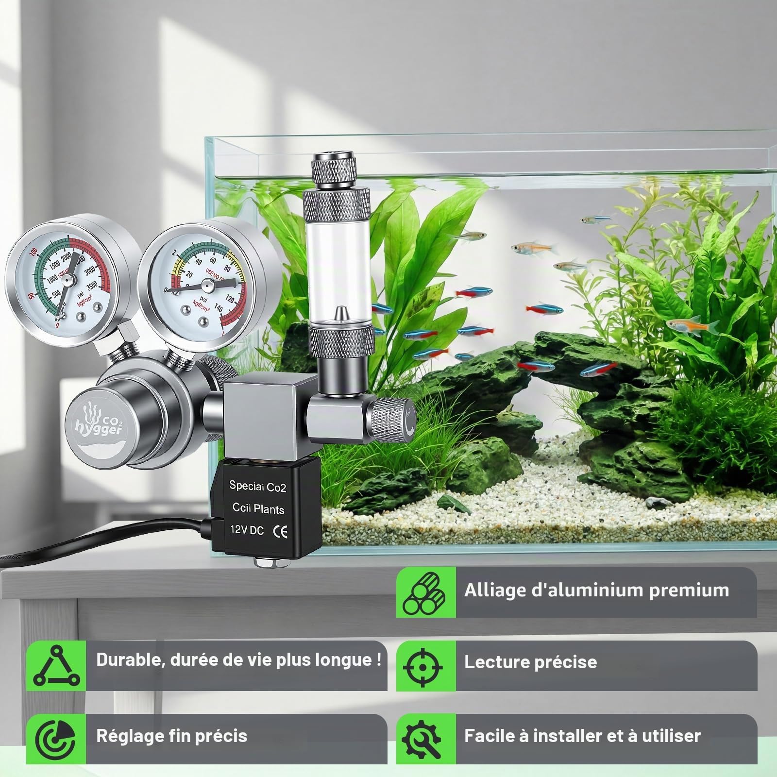 Régulateur de CO2 Aquarium Solenoid Double Manomètre Réducteur de Pression | avec Compteur de Bulles avec Valve Clapet Anti-Retour, Interface W21.8 co2 regulator aquarium pour Aquarium Planté tank