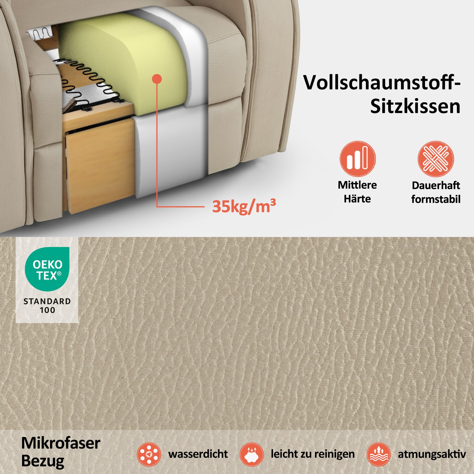 M MCombo Fernsehsessel mit Aufstehhilfe Elektrisch, mit Massage & Heizung, Relaxsessel mit Liegefunktion bis 145° 35D Vollschaum-Sitzkissen Versteckte Becherhalter 7252 (Mikrofaser, Beigebraun)