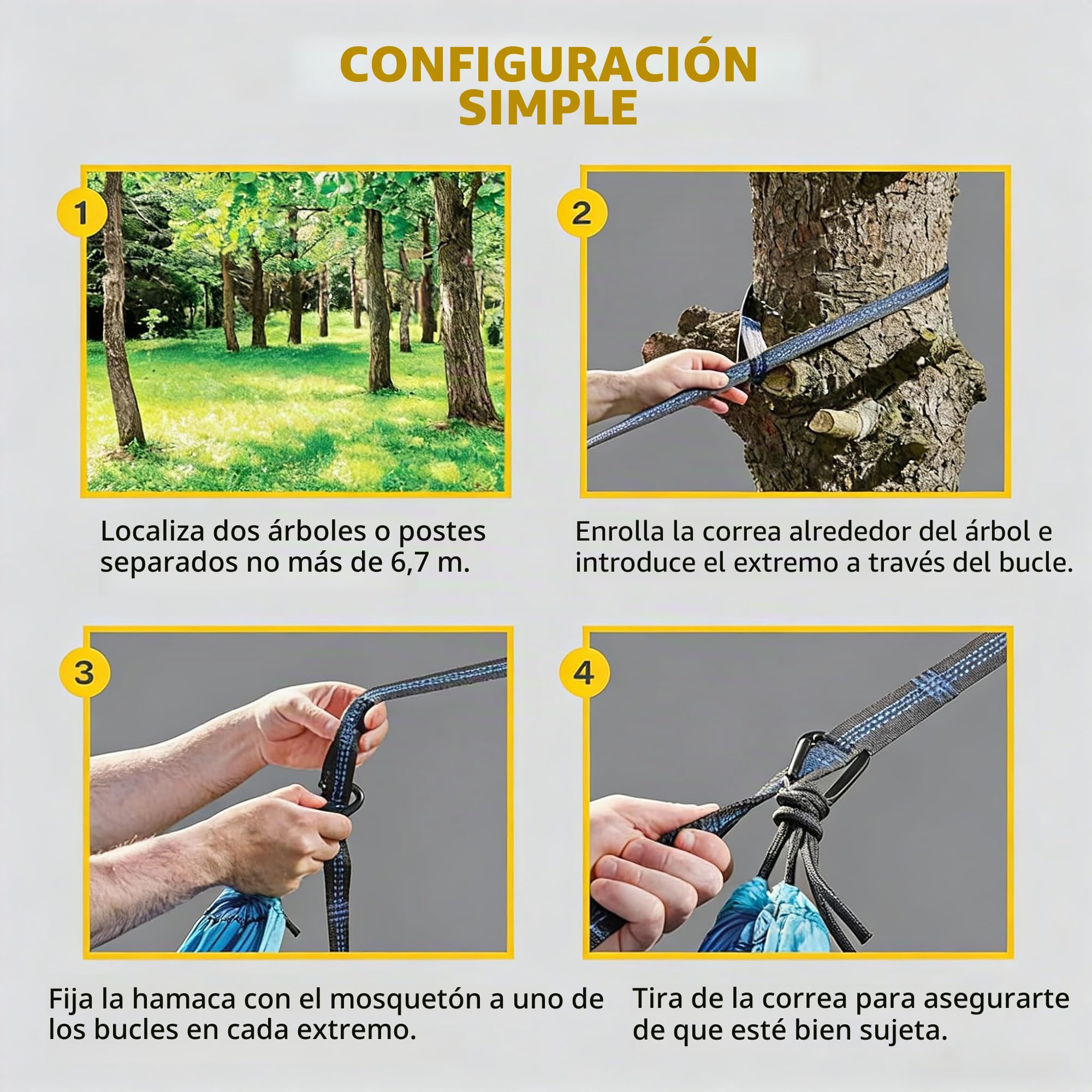 SNZ Hamaca de Camping Ultraligera, 270x140 cm, Nailon de Paracaídas 210T, 200 kg de Capacidad, Incluye Cintas para Árboles y Mosquetones de Acero – Portátil para Senderismo, Viajes, Jardín y Playa