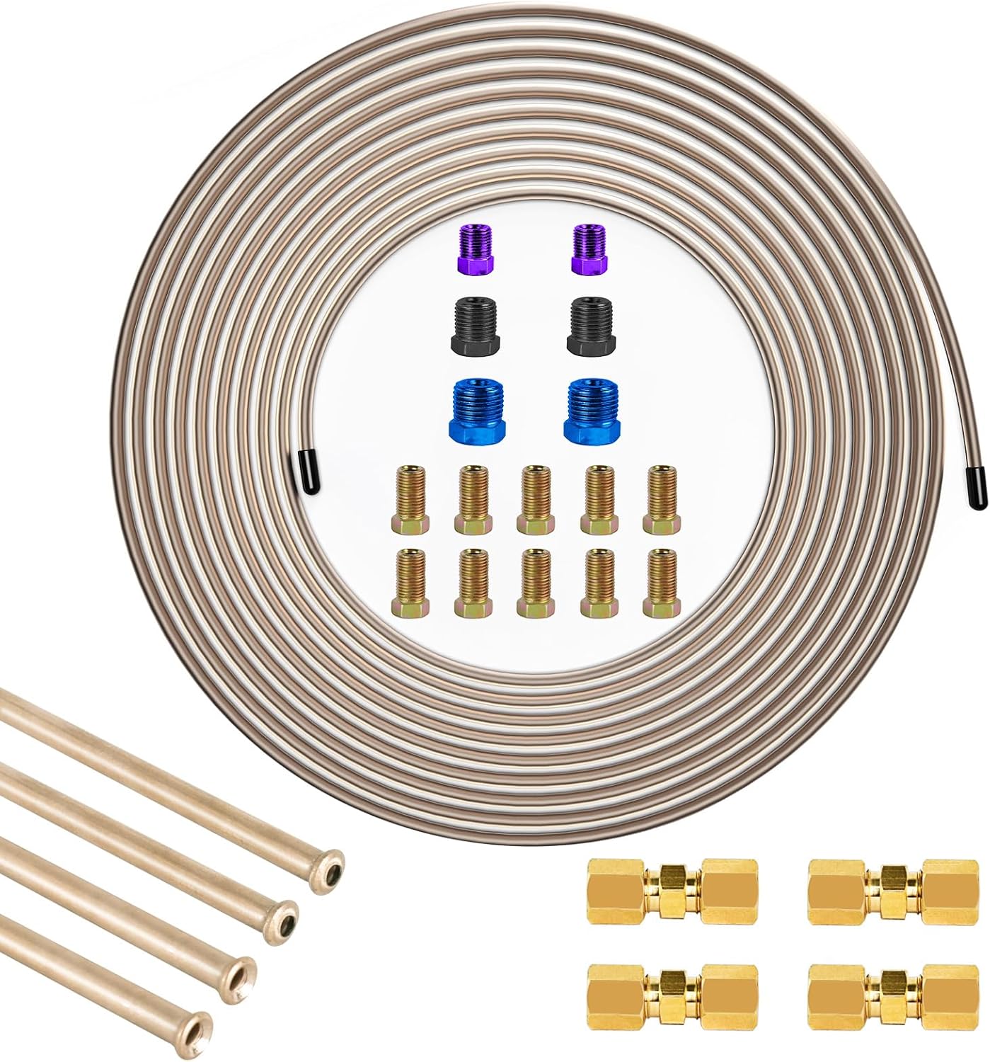 MuHize 1/4 Inch Copper Nickel Brake Line Kit (Upgraded) - Corrosion-Resistant Universal Fit for Ford F-150/Chevy Silverado Trucks - 16 Fittings + 4 Flared Tubes Set