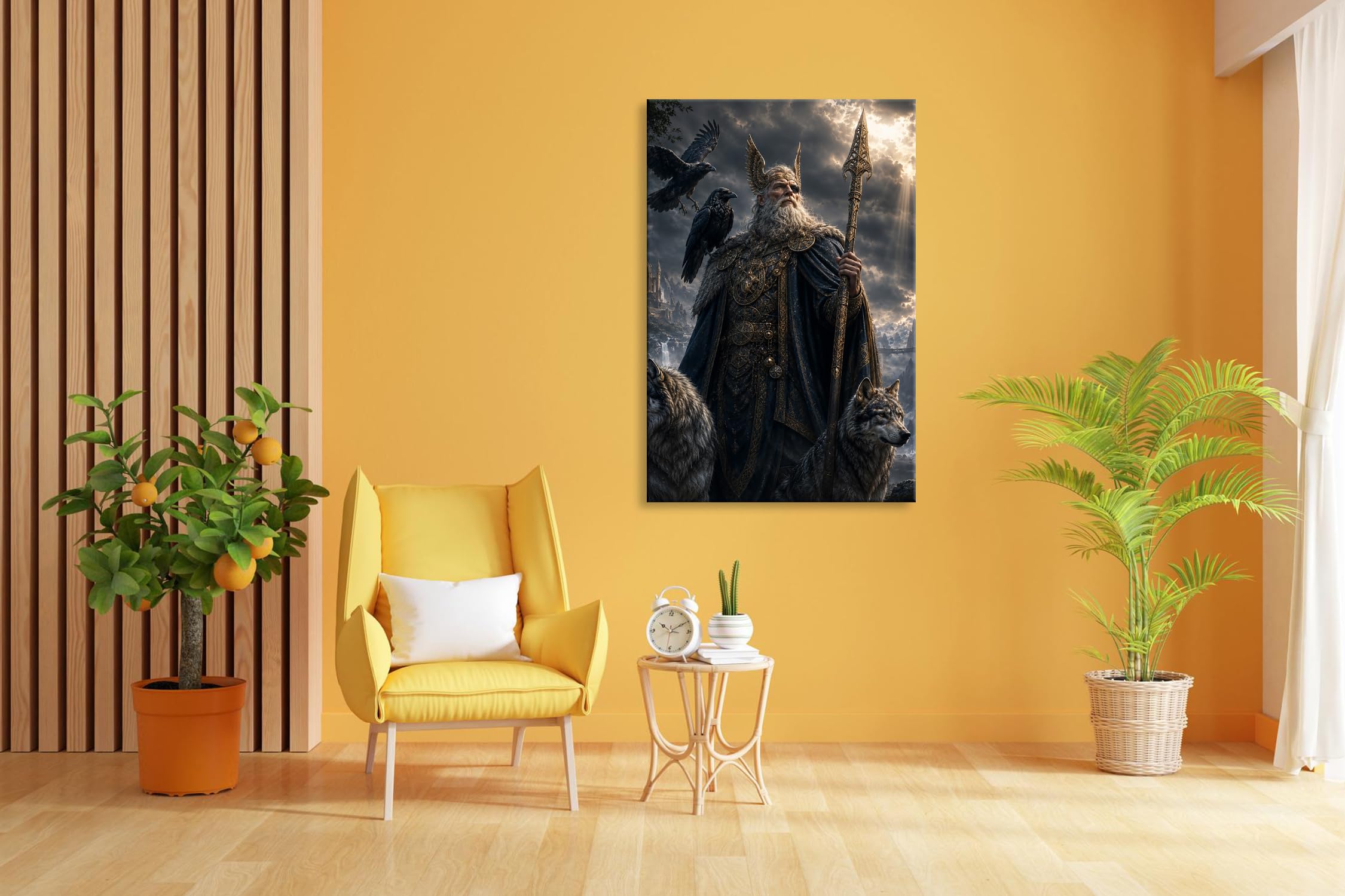 Farbenhorizont Leinwandbild Weiser Odin mit Raben und Wölfen vor mystischer Festung Format: 120x80cm XXL Wandbild auf Keilrahmen/Kunstdruck/Bild Wohnzimmer Dekoration