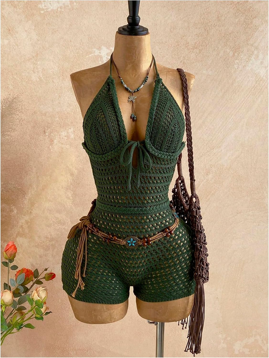 GORGLITTER Women's Crochet Halter Shorts Bodysuit Backless Sleeveless V Neck Rompers Open Back One Piece Jumpsuit Unitard
