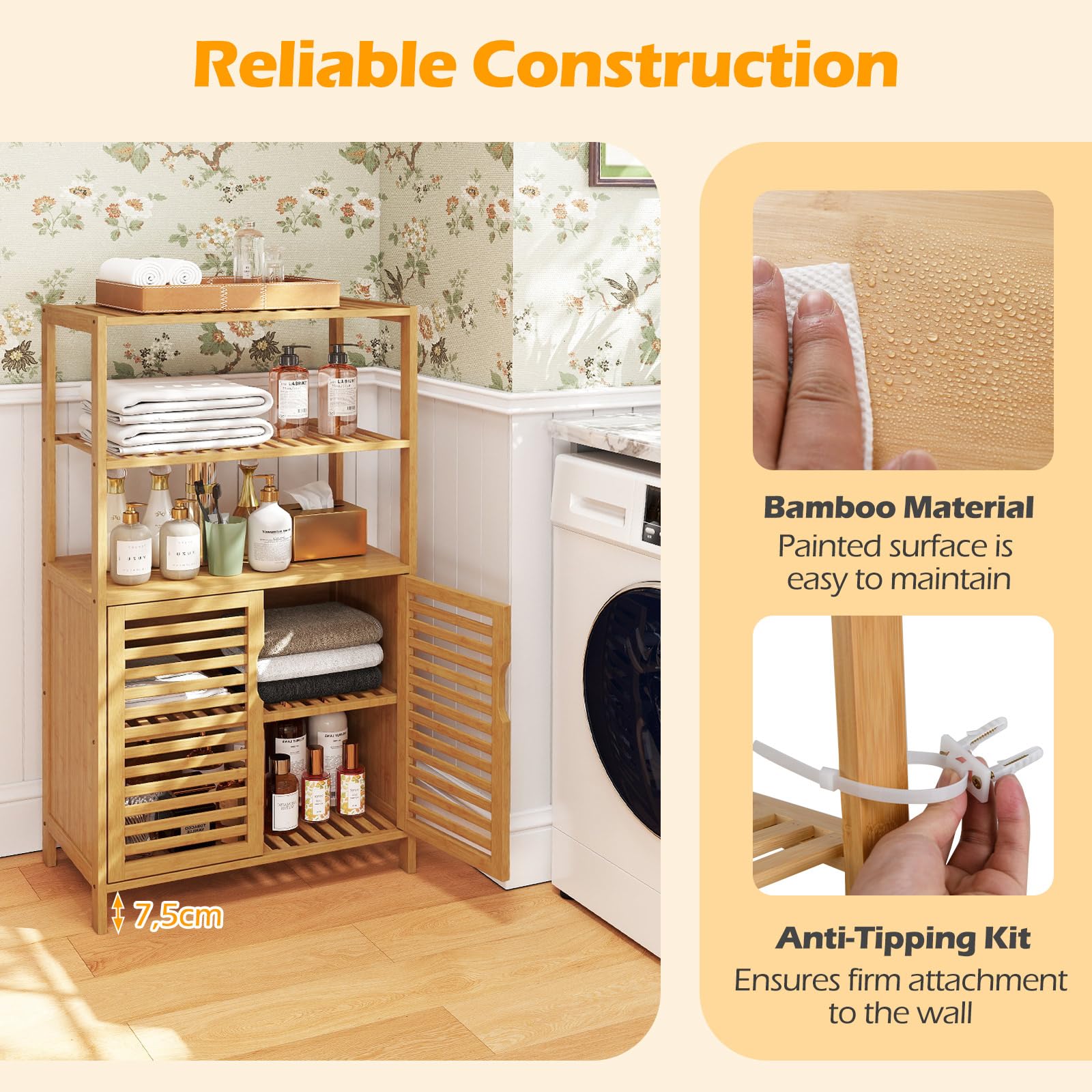 GIANTEX Armadietto Bagno Armadietto Bagno con 2 ripiani aperti e ante 60 x 33 x 116 cm Libreria in Bambù Scaffale portaoggetti per Soggiorno, Studio & Cucina