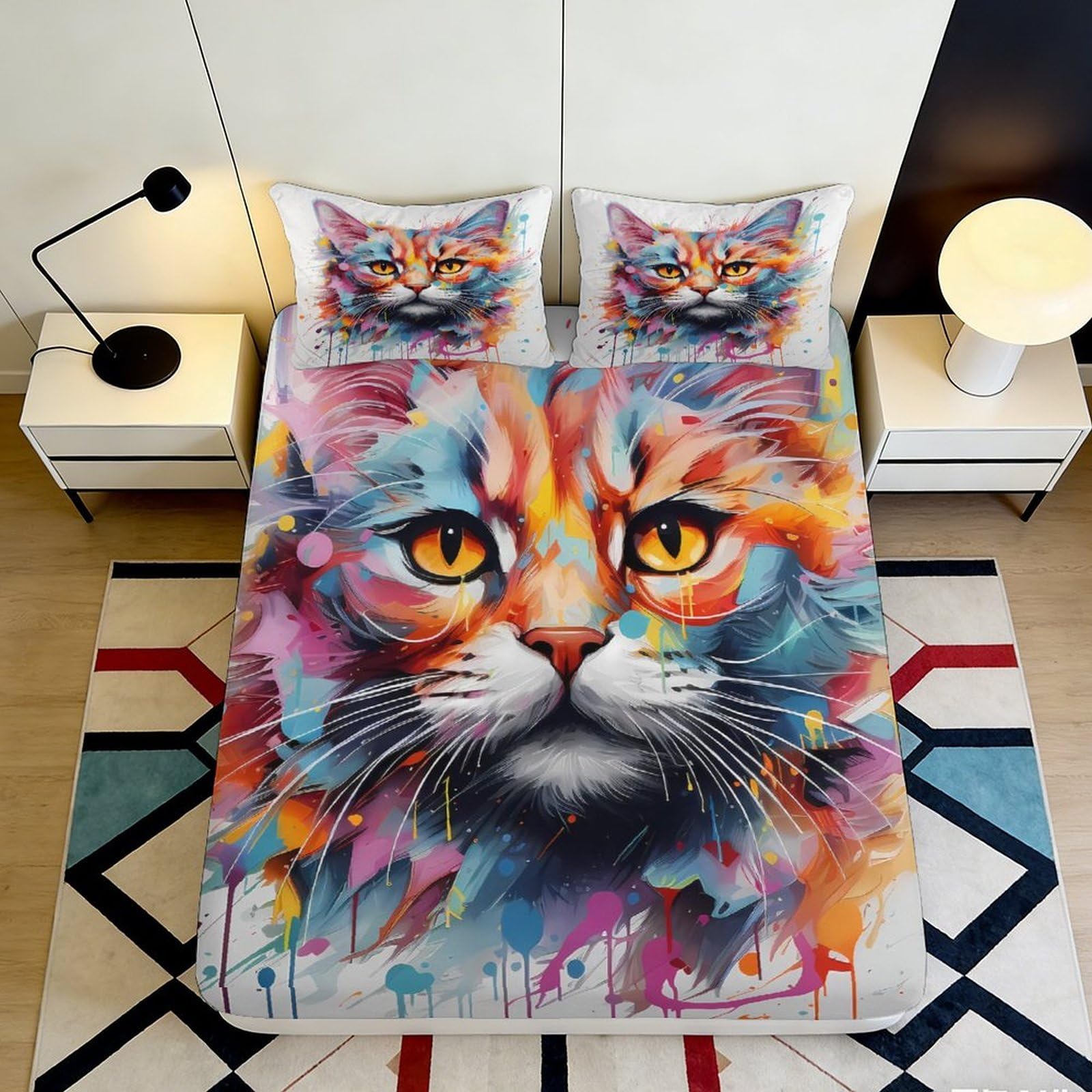 3D Printed Colorful Cat Face Fitted Sheet Microfiber Soft Breathable Vibrant Cat Design Mattress Cover for Bedroom Dormitory Guest Room Mattress Protection Decor 120x200x25cm