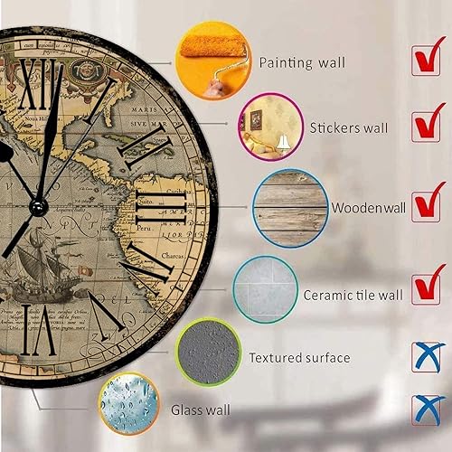 Miniatura 7 de Reloj de pared redondo de madera de estilo rústico, mapa del mundo retro, números romanos, reloj de madera, funciona con pilas, silencioso, sin