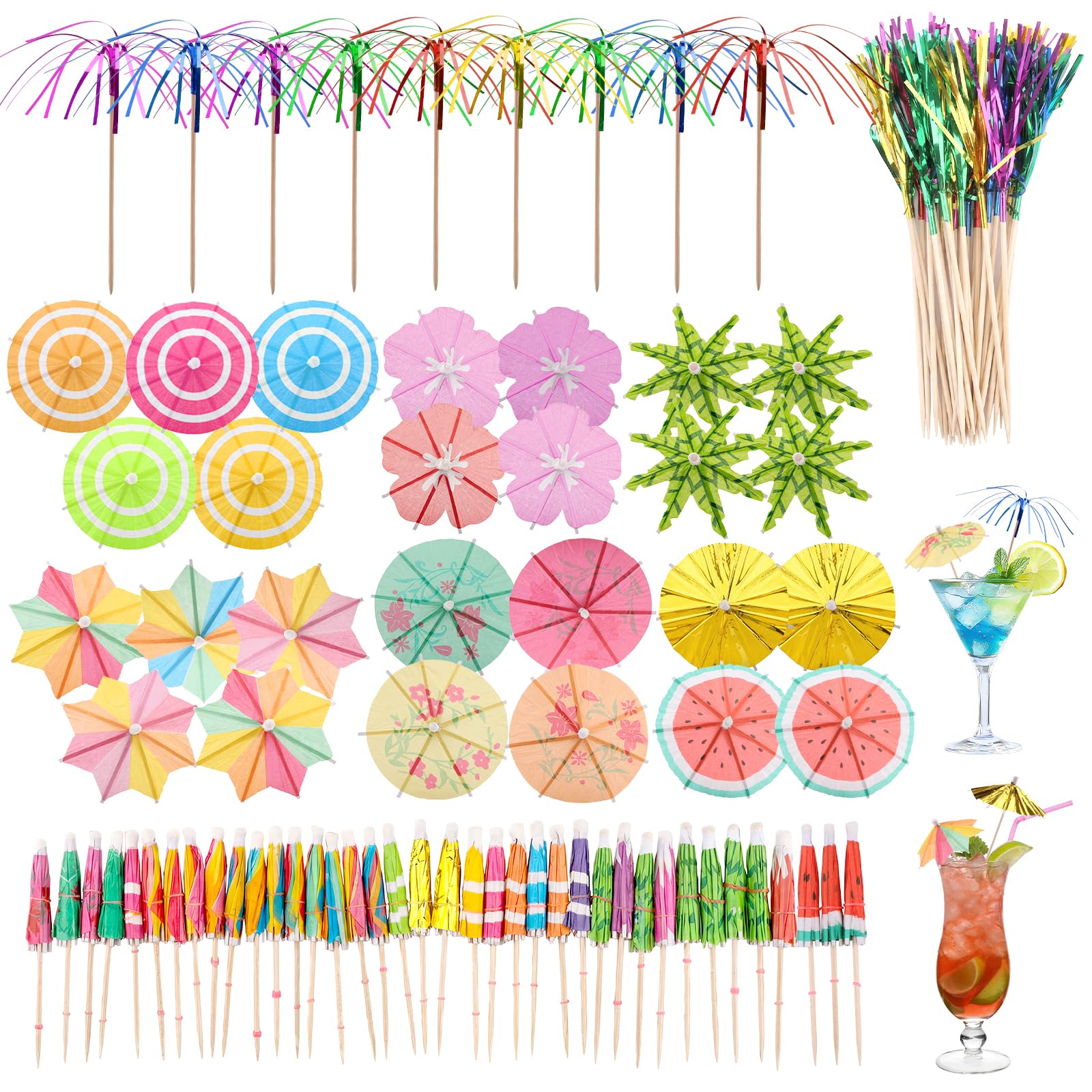 Sombrillas para Cócteles 135 Unidades: Paraguas de Papel para Bebidas y Postres, Decoración para Fiestas Tropicales, Bodas y Bares, Incluye Palillos de Madera, Colores Mixtos