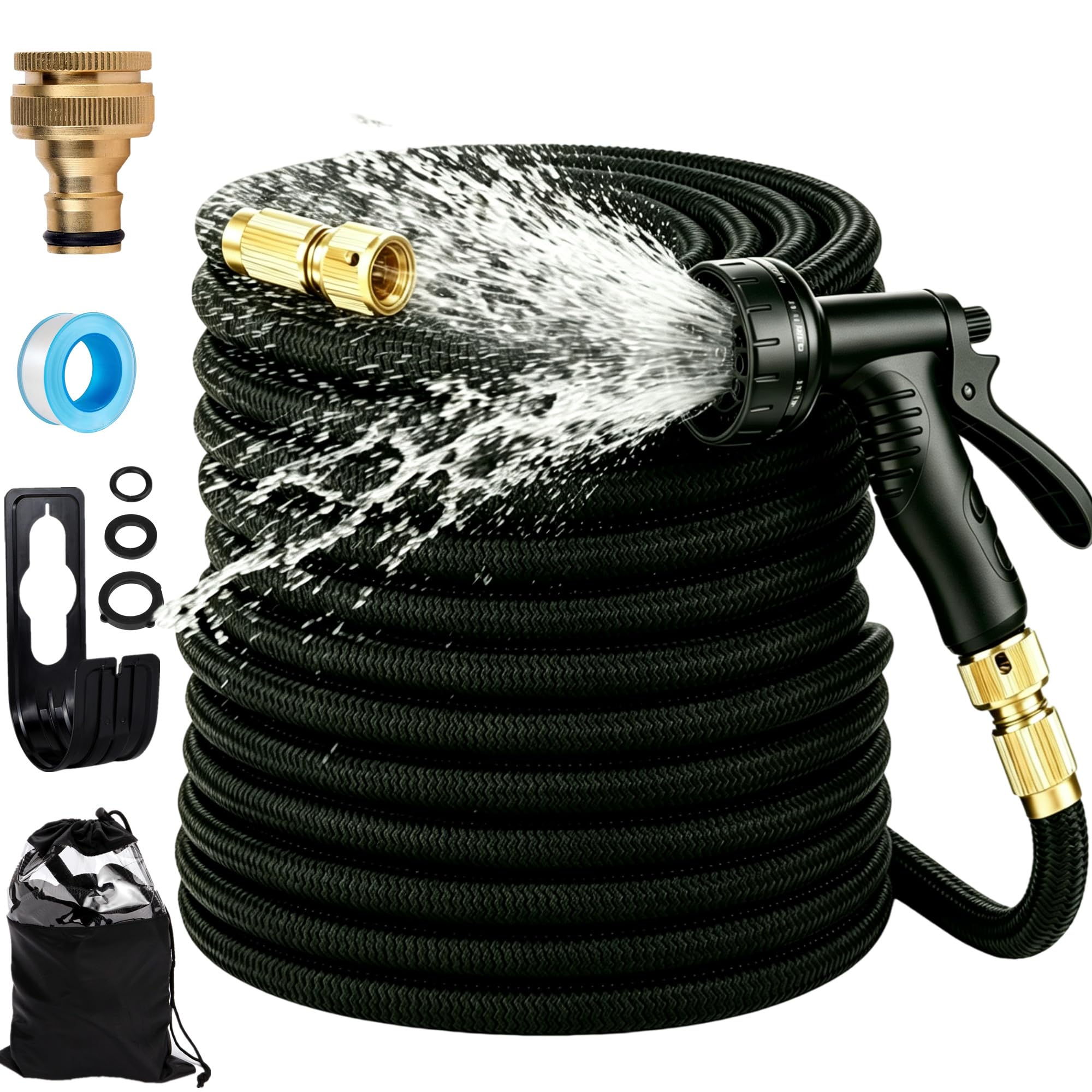 Expandable Garden Hose, Upgraded 3-Layer Natural Latex No-Kink Flexible Water Hose with 10-Pattern Spray Nozzle, Solid Brass Connectors – for Garden Watering, Car Wash, Pet Bathing (100ft)