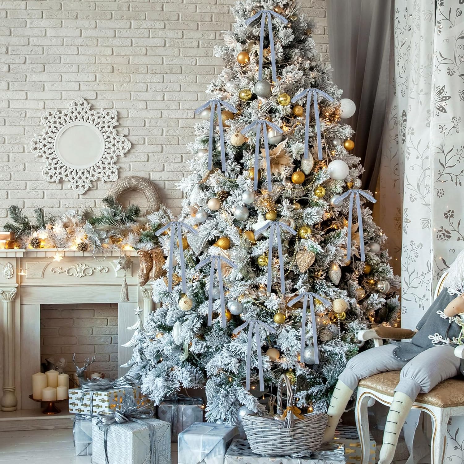 Dusty Blue 24 Pcs Velvet Bows Christmas Tree Ornaments Valentines Day Bows Decoration for Garland Home Coquette Wedding Decor (5 x 7 Inch,Width of 3/8") - Image 6