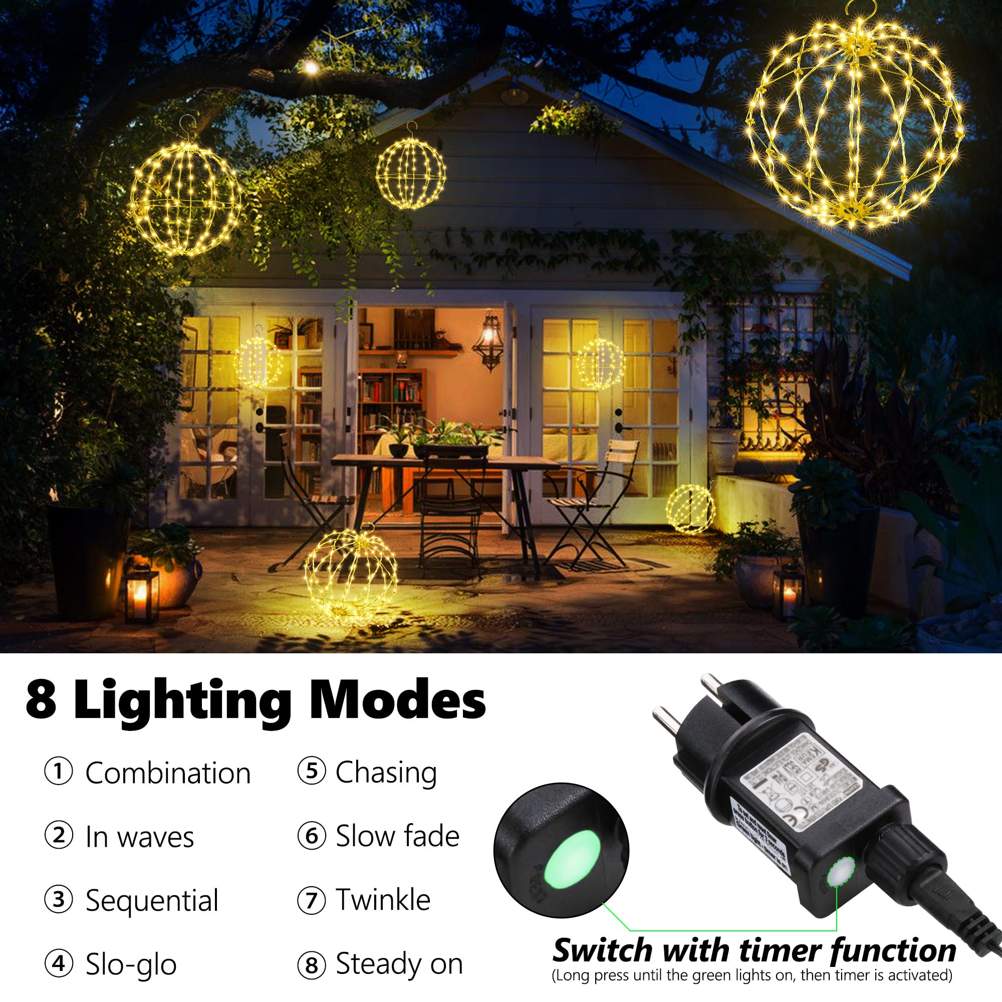 Bigzom Kerstverlichting bal, 20 cm lichtbal voor buiten met timer, 81 leds, kerstdecoratie, lichtketting, buiten, waterdicht, 8 modi, voor ramen, woonkamer, balkon (2 stuks, warmwit