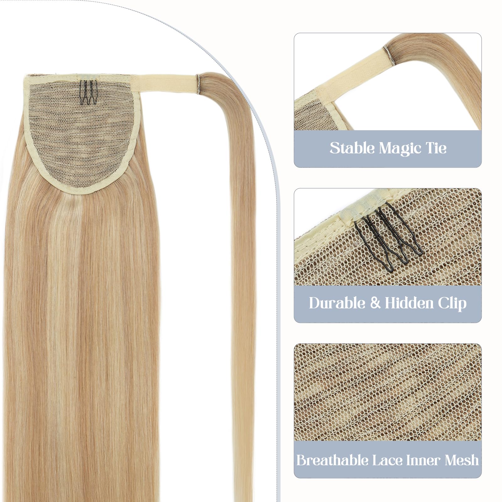 Rich Choices Ponytail Extension Wrap Around Ponytail Hair Extension Straight 16 Inch #18/613 Ash Blonde mix Bleach Blonde Remy Human Hair Pieces - Image 4