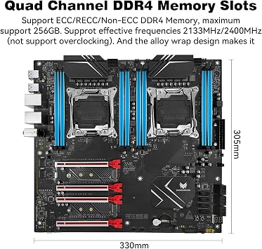 X99 Dual CPU Motherboard LGA 2011-3 Server Motherboard for Intel i7 5th/6th Gen Xeon E5 V3/V4 Series (E-ATX, 8*DDR4 ECC Max 256G, 2*NVME M.2, 2*Gb LAN, SATA 3.0, PCIe 3.0)