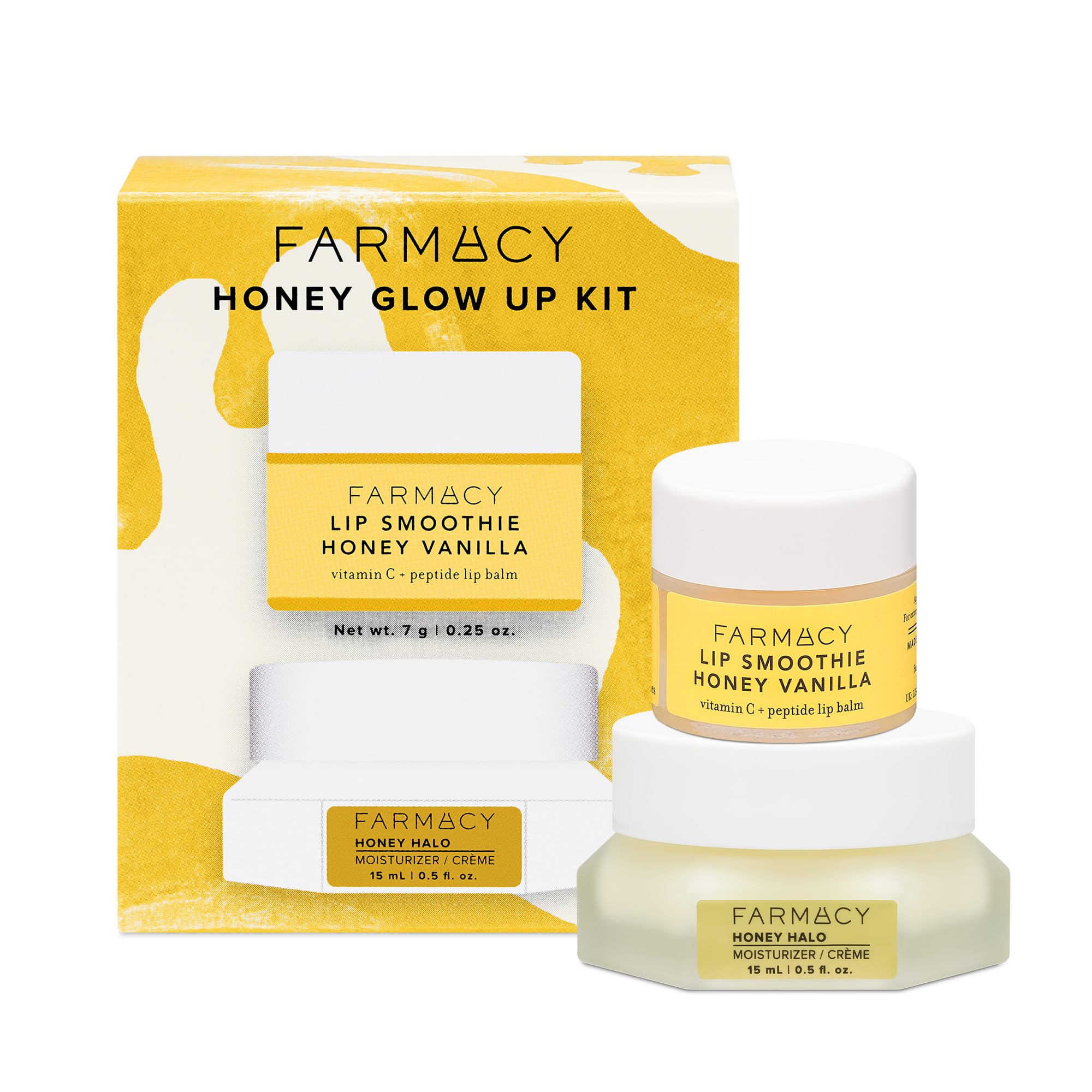 Farmacy Honey Glow Up Gift Set - Includes Honey Halo Ceramide Face Moisturizer + Travel Size Lip Smoothie - Preps & Plumps Skin for Makeup Application