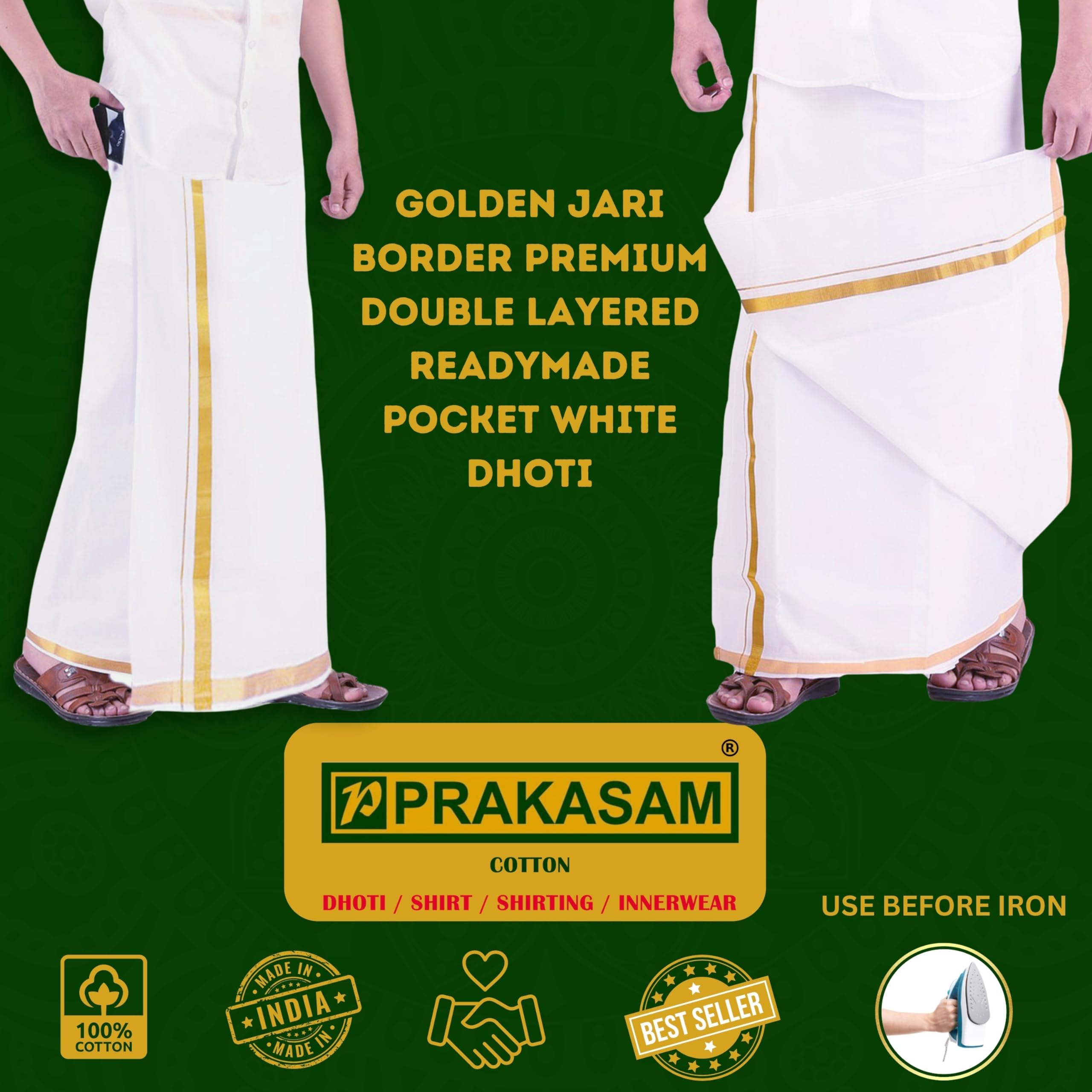 Prakasam Cotton Men's Supreme Quality Welcro Pocket Jari Cotton Double Dhoti (40)