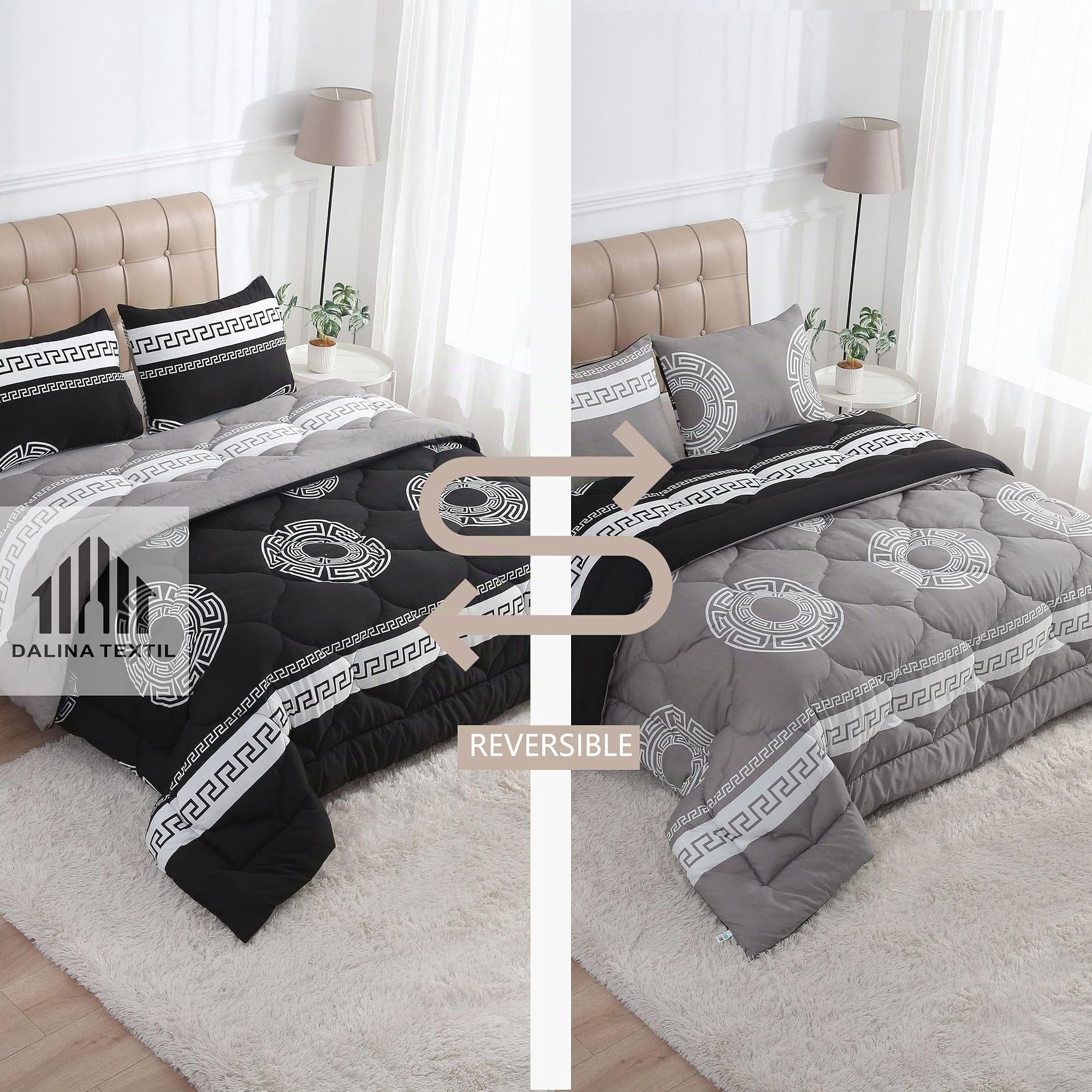 DALINA Edredon Invierno Cama 150 (Set: 1Edredon 250x240cm + 2 Fundas 50x70cm) - Relleno Nordico 100% Poliéster Suave y Calentador, Estampado Bicolor Reversible
