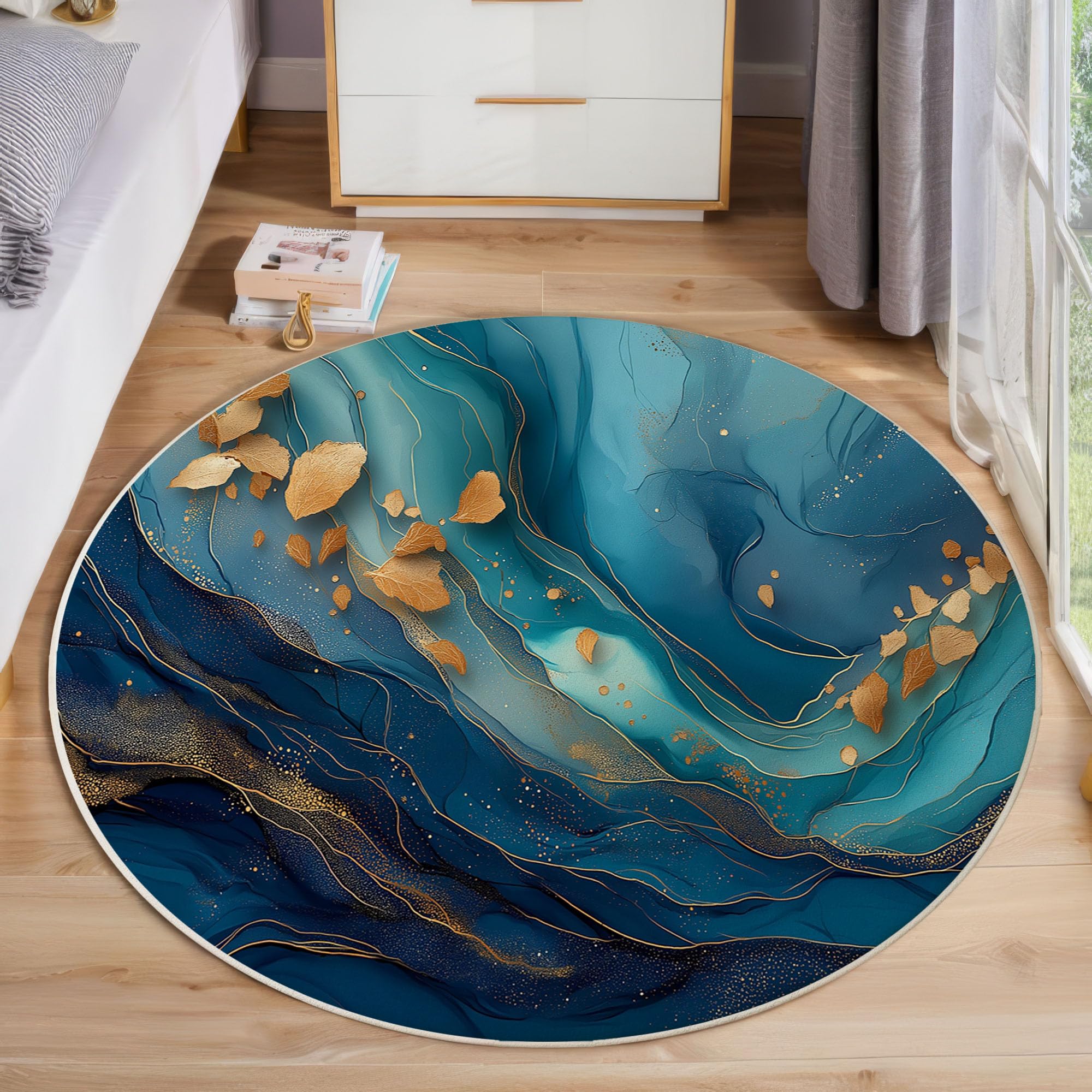 Tapis rond lavable motif feuille d'or indigo et marbre Ø 200 cm