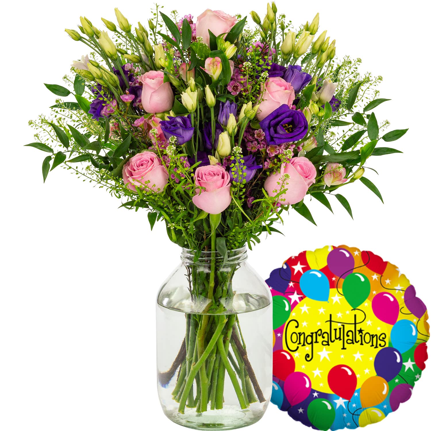 InterBloom | The Paradise - Next Day Large Rose and Lisianthus Beautiful Fresh Flower Bouquet with a Congratulations Balloon