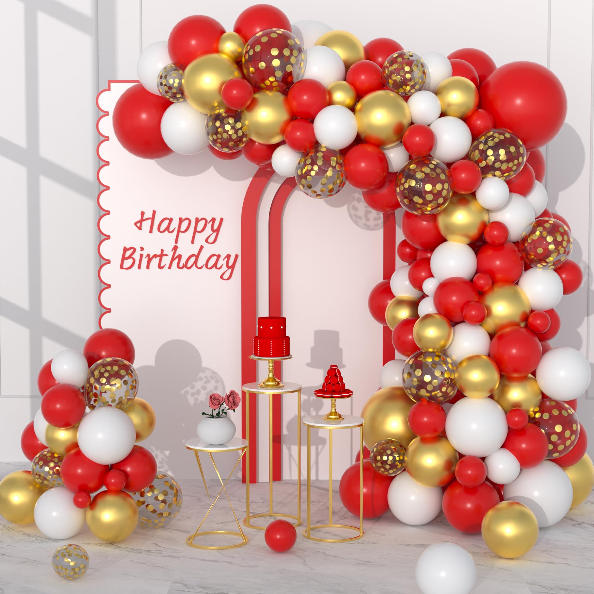 Red White Gold Balloon Garland Arch Kit, 122PCS White Red Balloons Meallic Gold Confetti Balloons for Brithday Wedding Anniversary Baby Bridal Shower