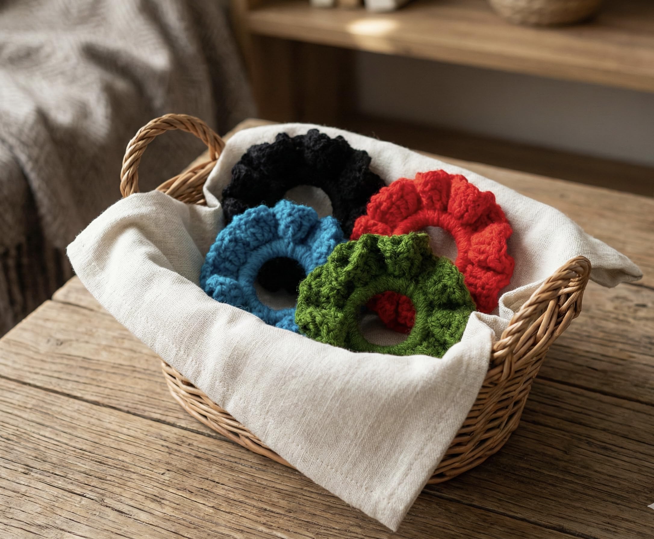 scrunchy♡handmade【1700】 Handmade Crochet Scrunchie (Red Blue Green Dark Brown, 4 Pack