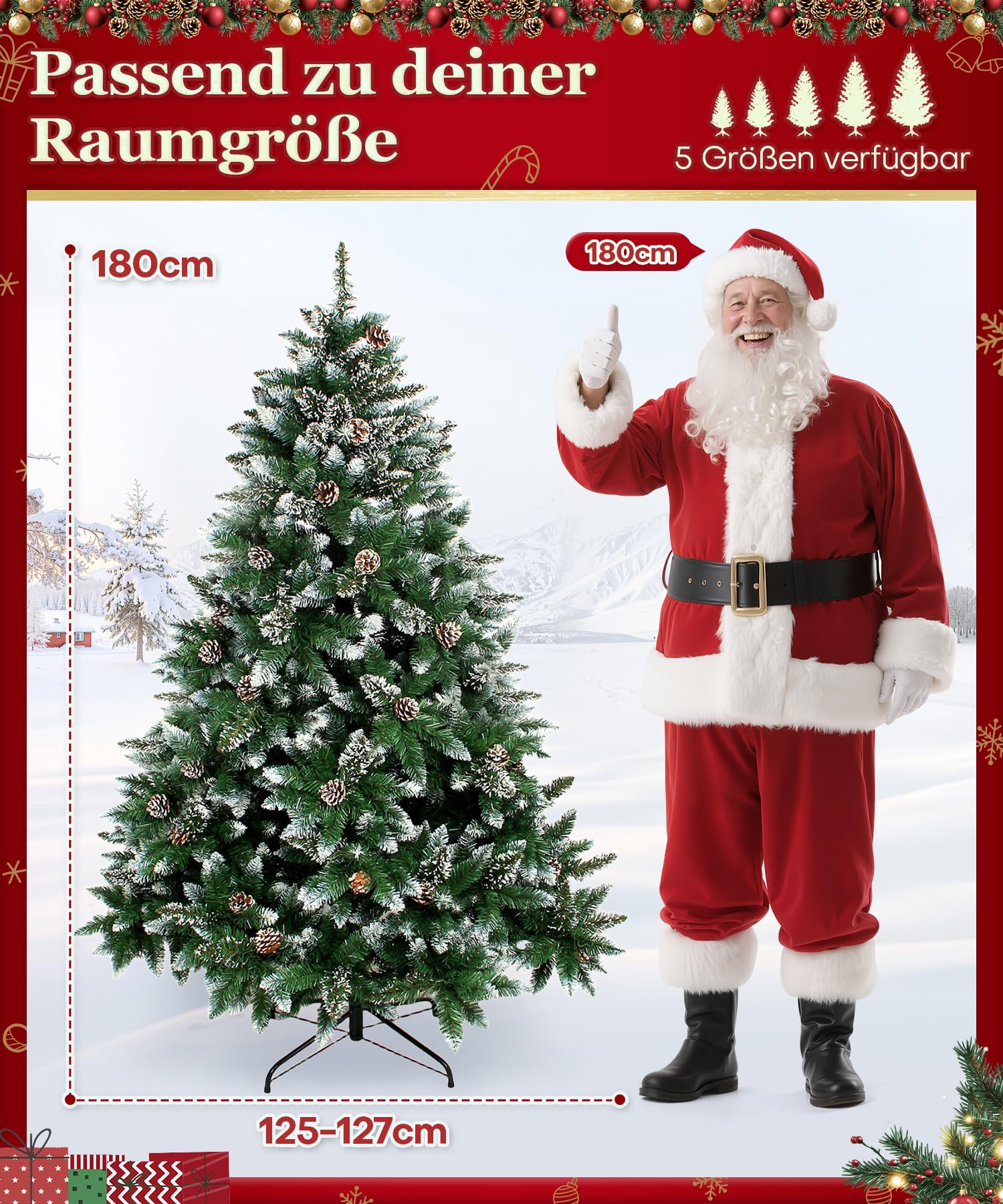 Yorbay 180cm Künstlicher Weihnachtsbaum mit Tannenzapfen: Schnee-Effekt | Tannenbaum Künstlich mit Stabiler Ständer für Weihnachten Dekoration Mehrweg - Weihnachtsbaum für Zuhause Büro Geschäft