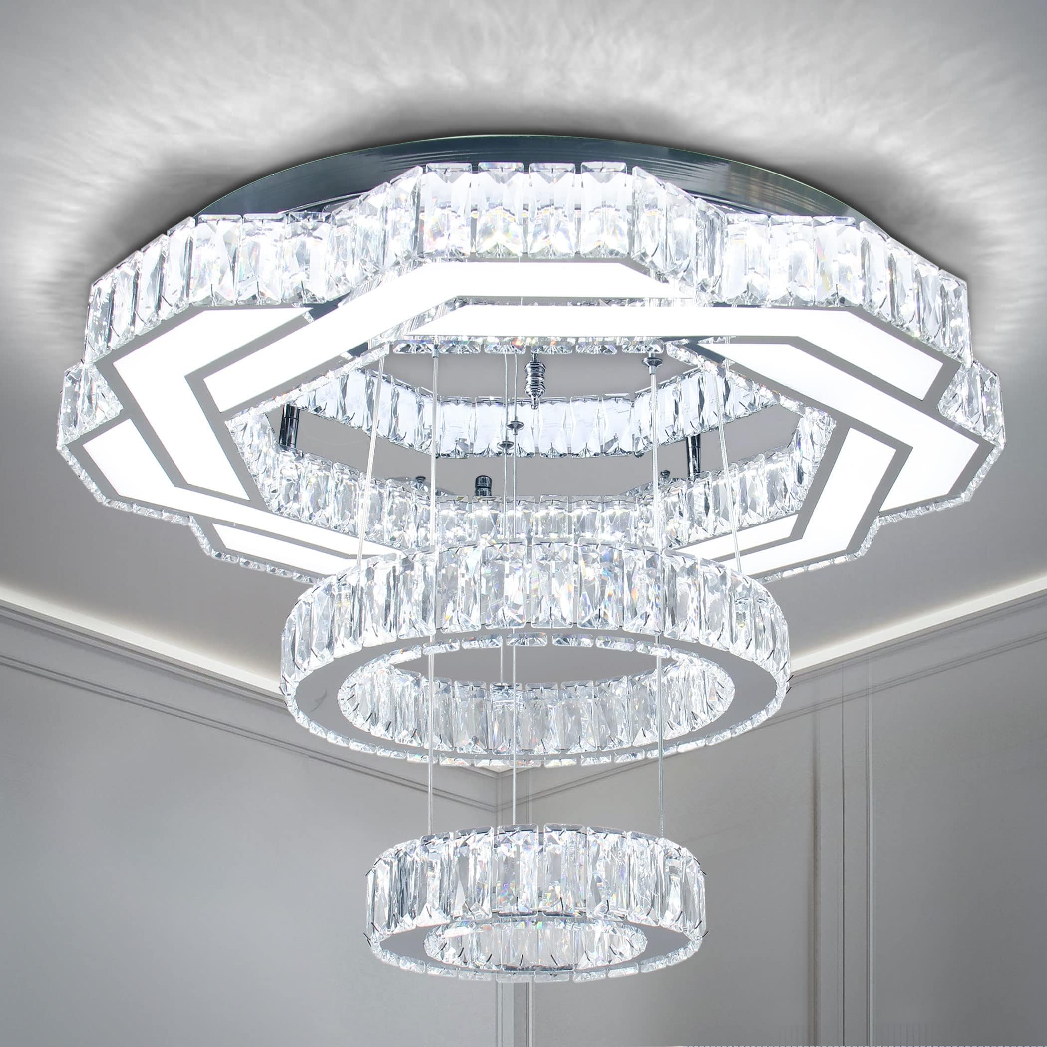 22.5" Crystal Chandeliers Living Room Modern Chandelier Crystal Ceiling Light LED 2 Rings Pendant Light Flush Mount Chandelier for Bedroom Dining Room Entryway (Cool White)