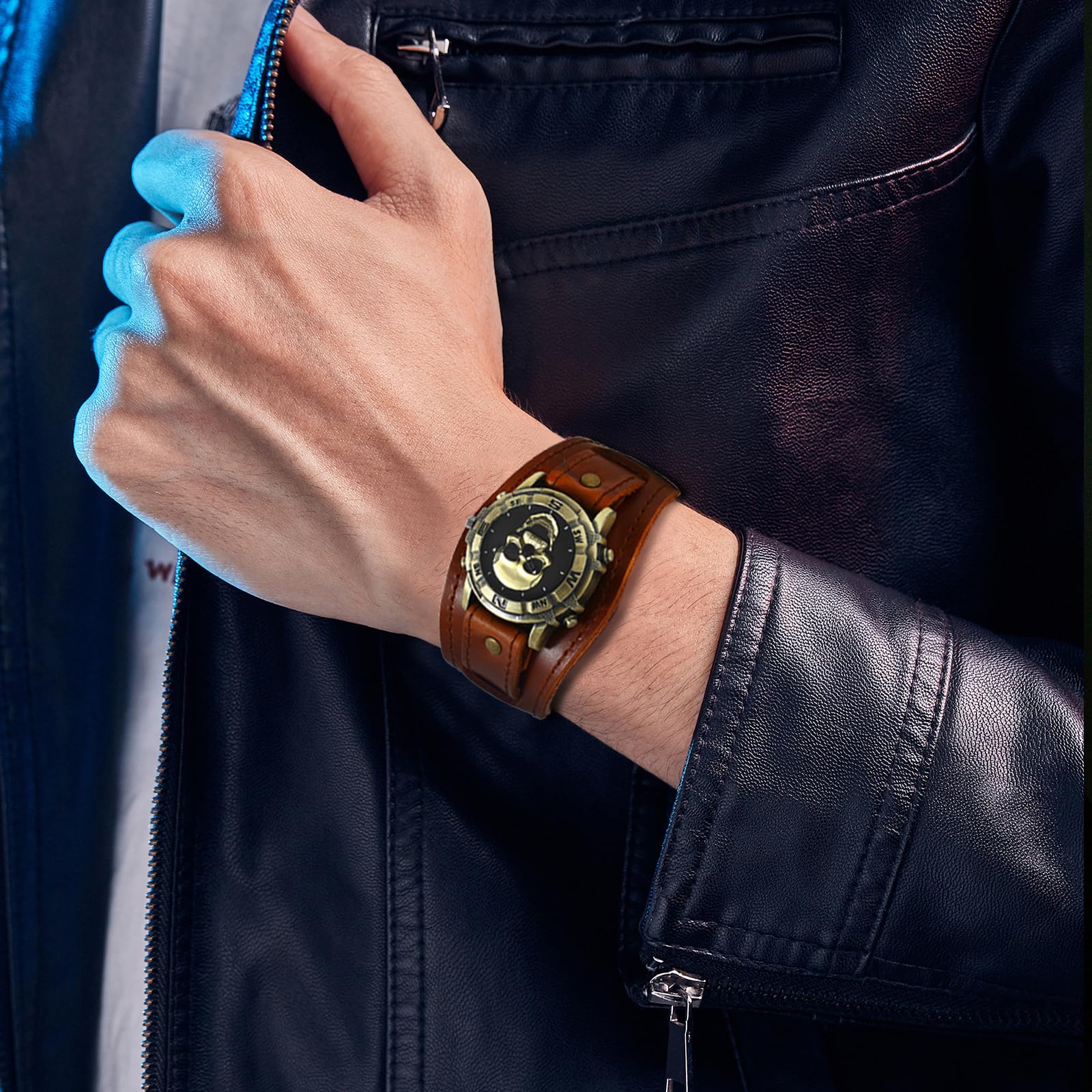 JewelryWe Totenkopf Uhren Herren Leder: Analog Quarz Armbanduhr Gothic Punk Schädel Patronenhülse Gewehrkugel Panzerkette Uhr mit Breit Leder Armband