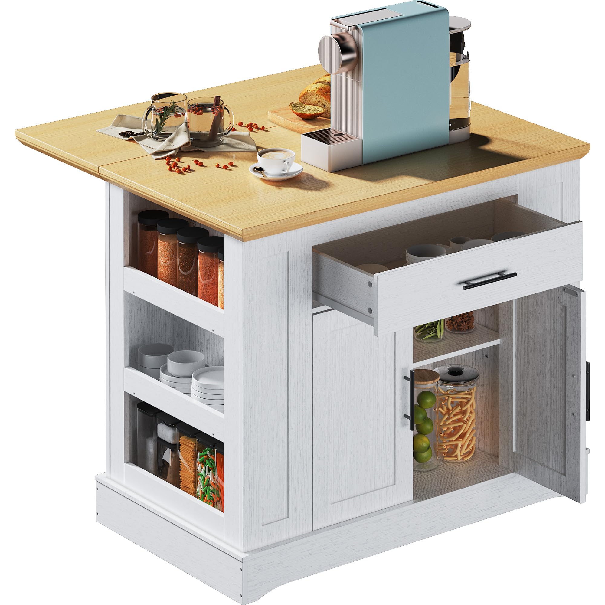 FUSUNBAO Large Kitchen Island with Storage & Power Outlet, Drawer, Adjustable Shelves, Side Open Compartments, and Drop Leaf,Island Table for Kitchen with Footrest,White