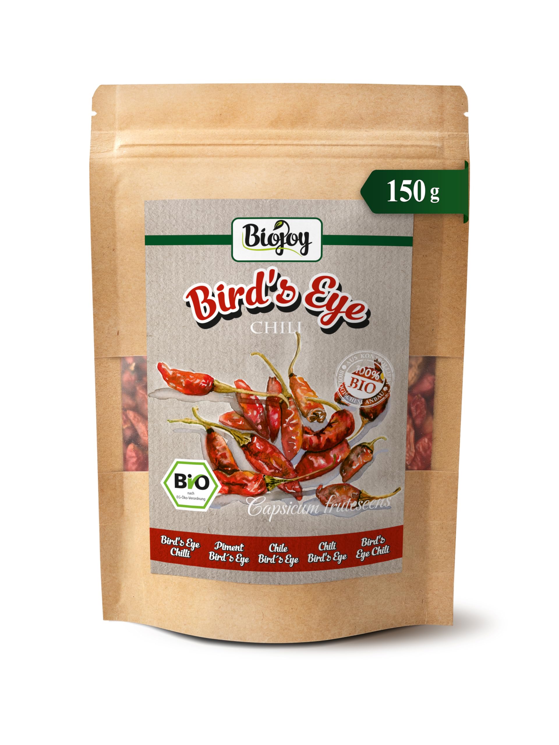 Biojoy BIO-Birds Eye Chili ganz (150 g), getrocknete Bird Eye Chili-Schoten, extrem scharf