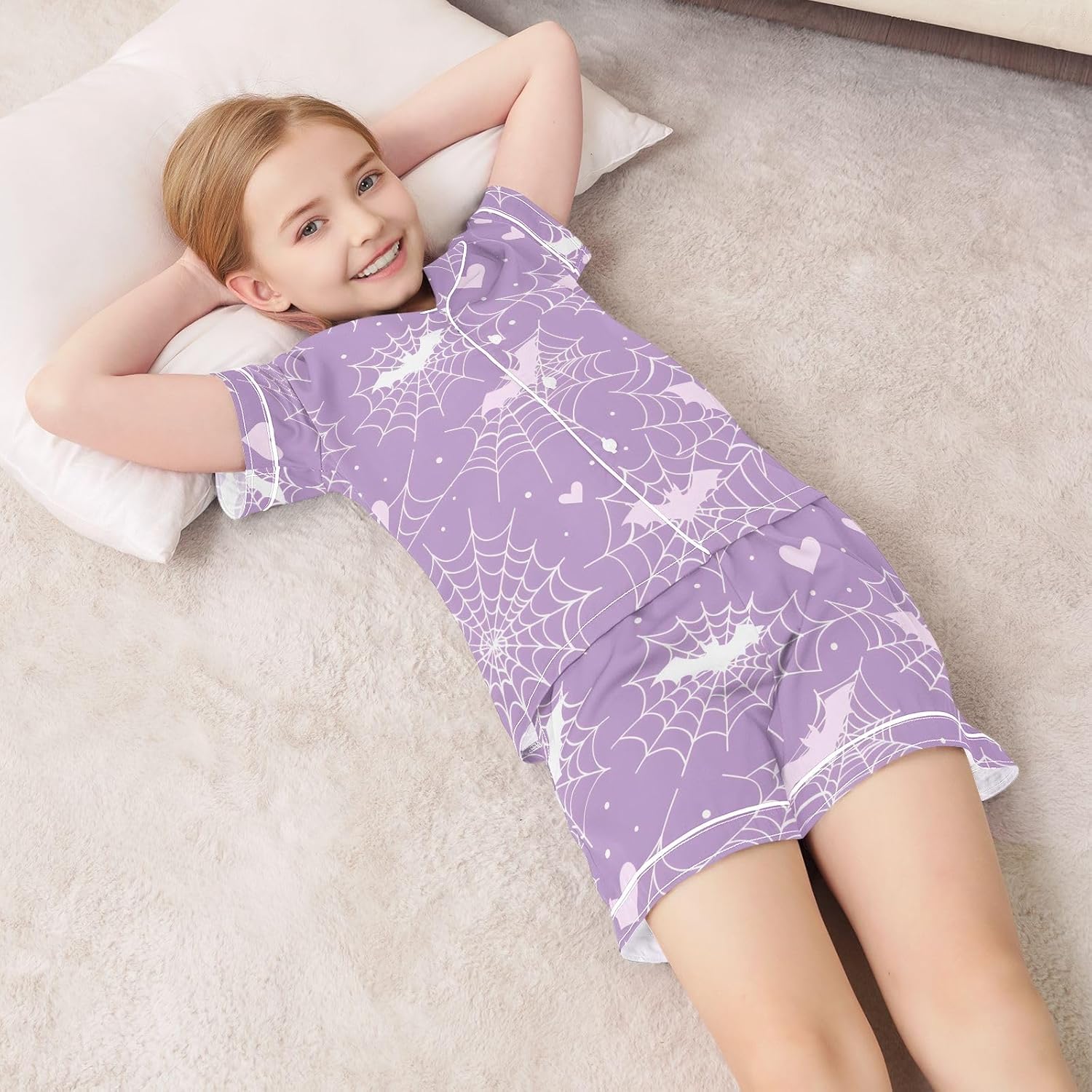 Kids Satin Wear Set White Spider Web Heart Bat Pattern Relaxed Fit Clothing Short Sleeve and Shorts