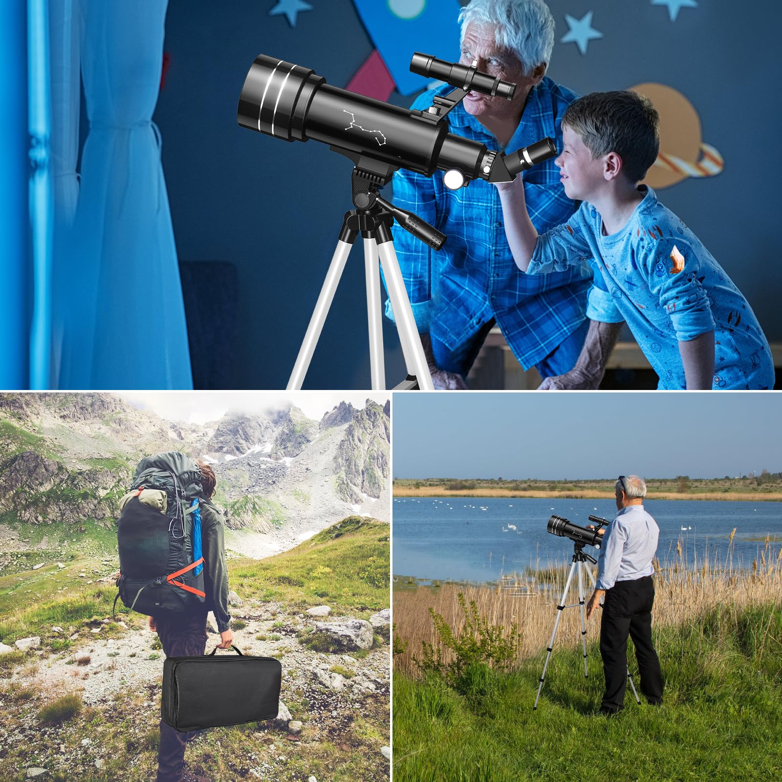 Telescopio Astronómicos Niños Adultos, Telescopio Portátil de Viaje Profesional 70mm de Apertura/400mm, 200x, con Trípode, Adaptador Teléfono, Bolsa para Principiantes Observación Terrestre Lunar Sol