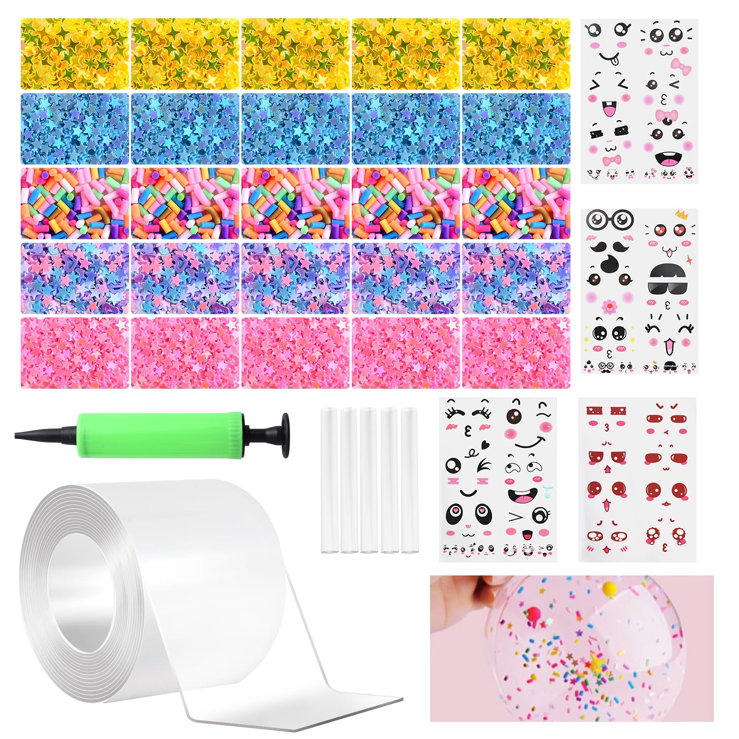 Nano Tape Bubbles Kit，Plastic Bubbles Balloon，Double Sided Super Elastic Bubble Plastic with DIY Sequin Stickers for Party