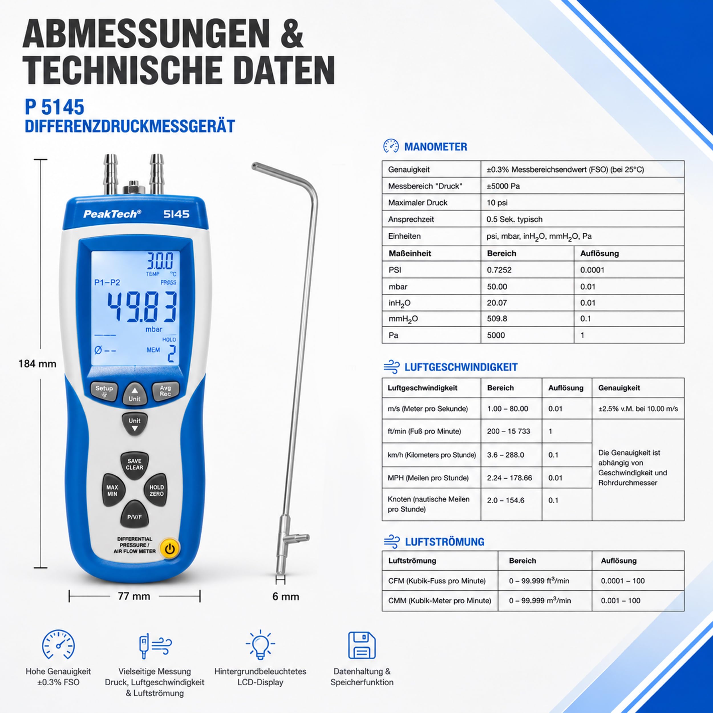 PeakTech 5145 - Differenzdruck Manometer max. 50 mBar mit USB