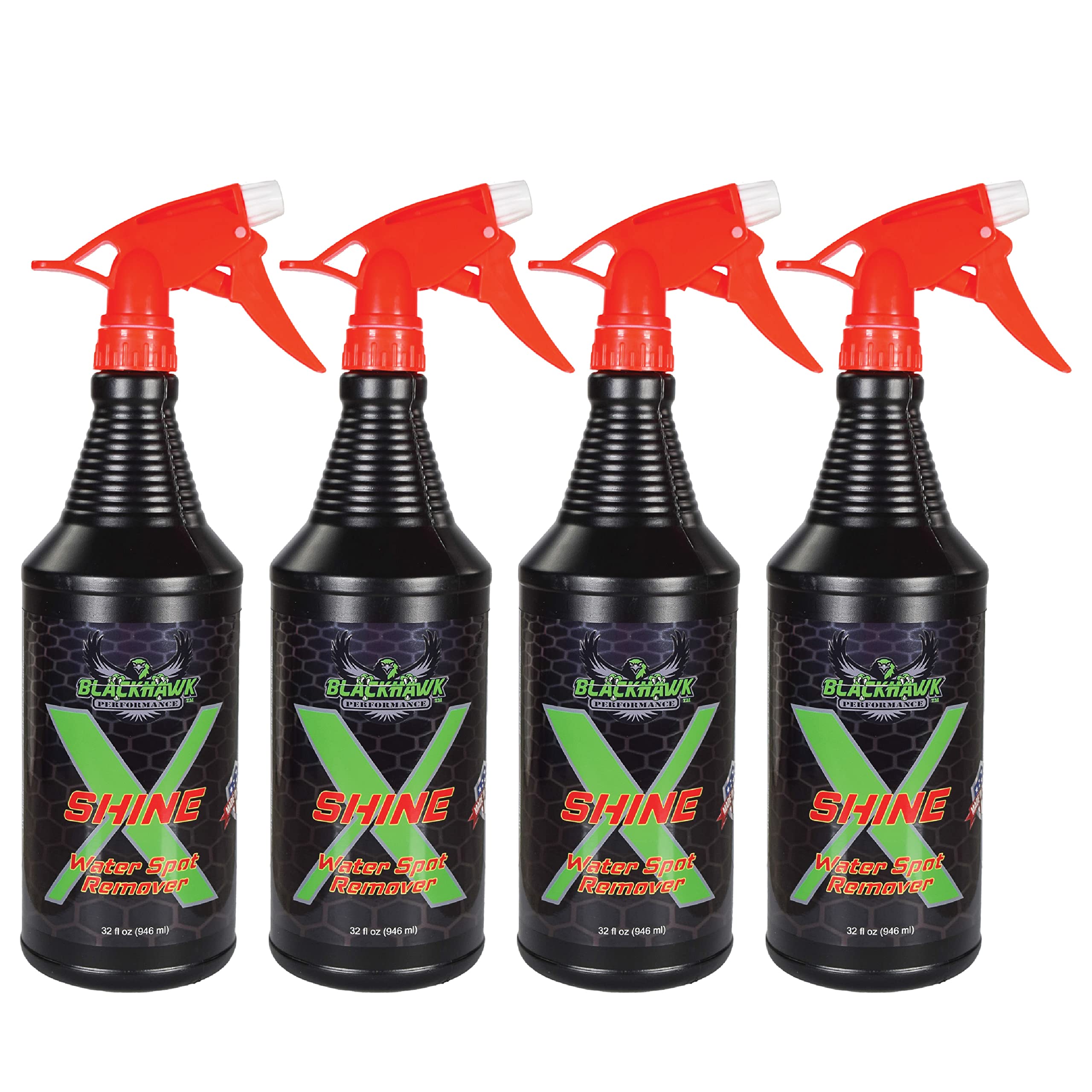 BLACKHAWK PERFORMANCE Shine X Hard Water Spot Remover - Gives Quick Shiny Gloss to Any Surface - Wipes Away Streak-Free - Marine Safe - Made in USA (32oz, 4 Pack)