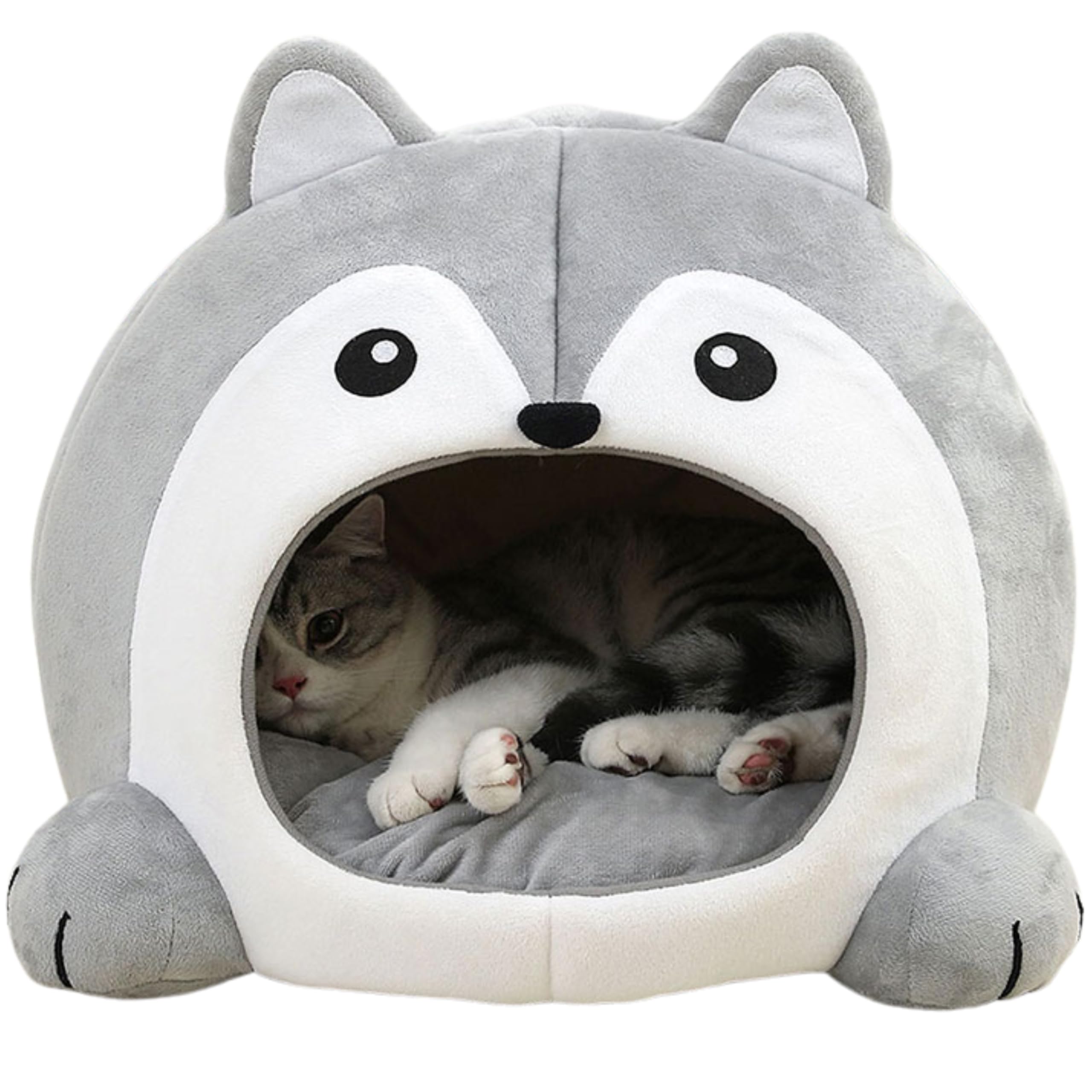 Designer Katzenhöhle grau – Lustige Schlafhöhle & Katzenhaus mit Kissen, Katzenbett, Faltbarer Rückzugsort für Katzen, Kitten und Kater, kuschelig & formstabil