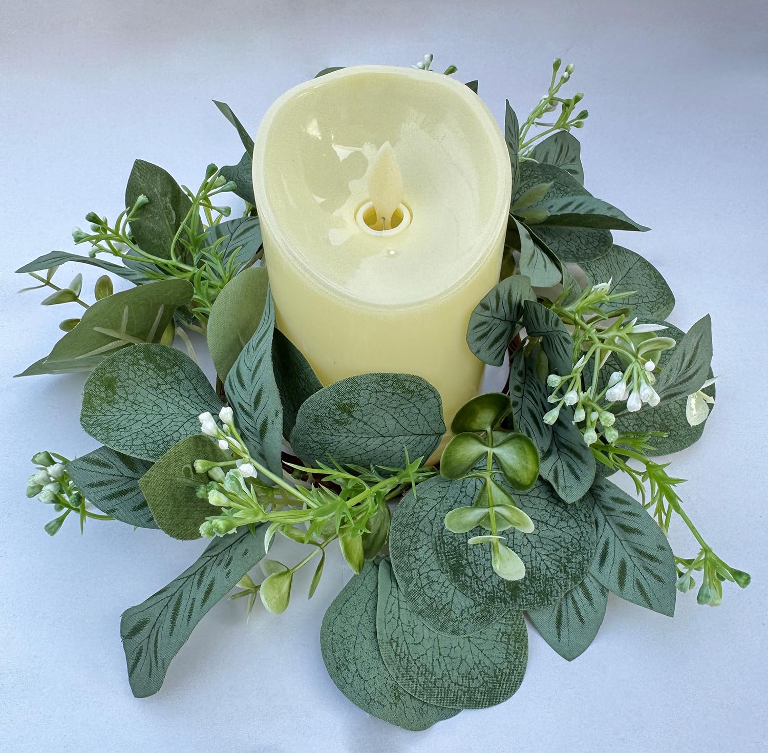 2 Pieces Candle Rings, Candle Rings Wreaths 4 Inch Center Artificial Eucalyptus Leaves Wreaths Small Boho Wreath Pillar Candle Holder for Wedding Home Door Tabletop Decor(A)
