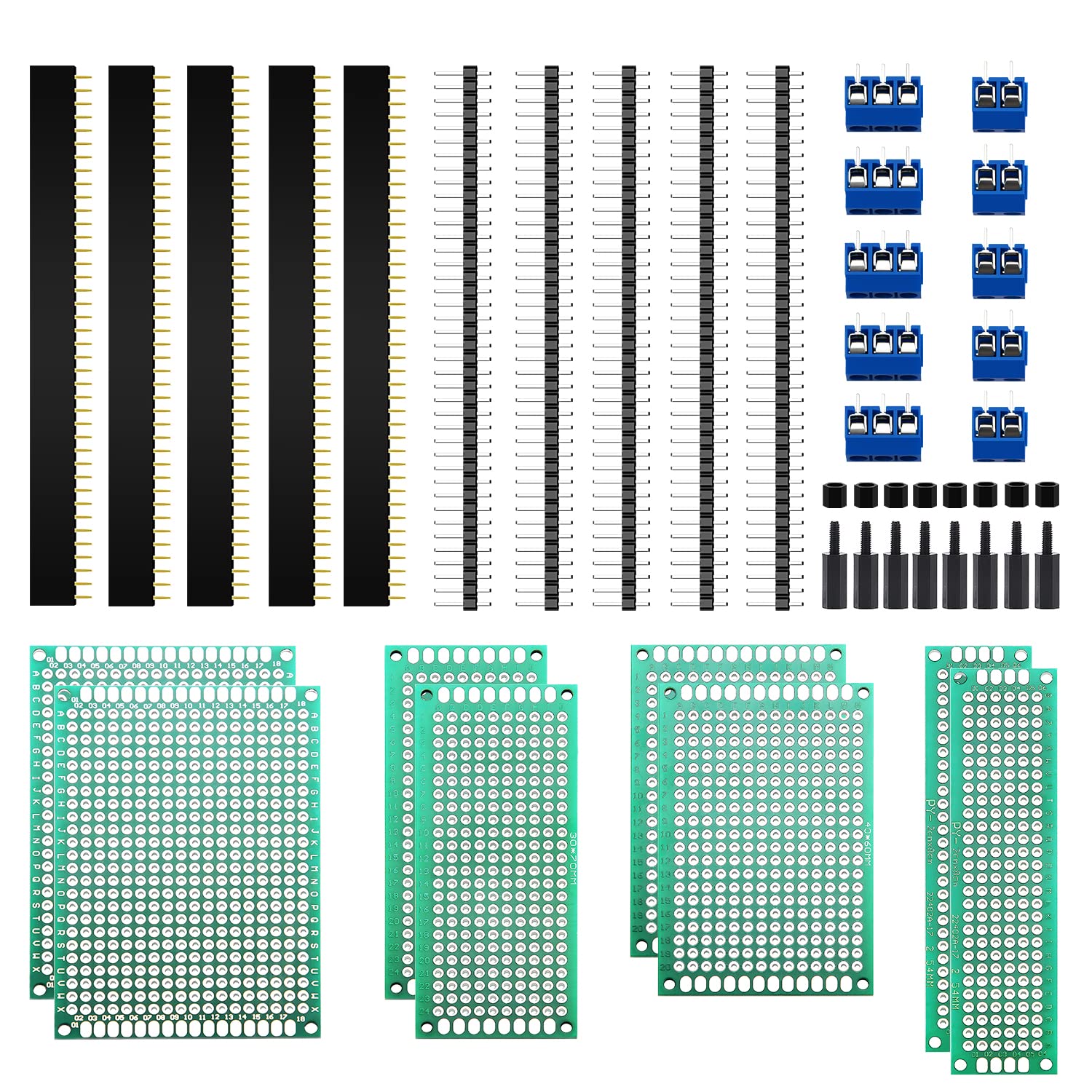 VooGenzek 36 PCS PCB Board Kits, Include 8 PCS Double Sided PCB Board Prototype Circuit Board, 10 PCS Male/Female Header Connector, 10 PCS 2/3Pin Screw Terminal with 8PCS Nylon Column