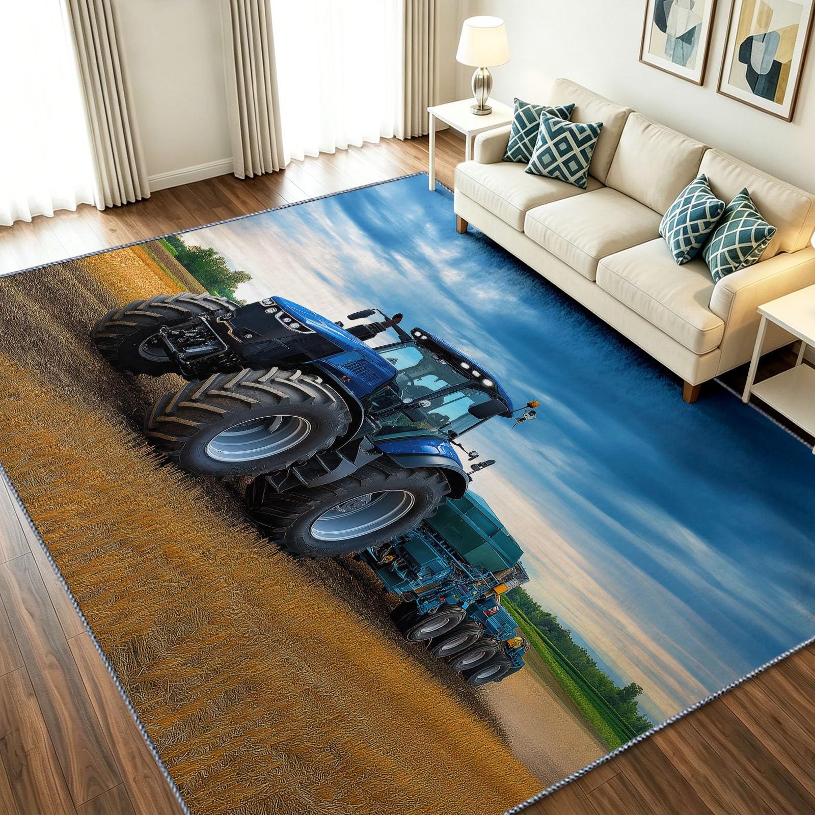 Alfombra lavable de salón 160x230 con tractor azul que no resbala para comedor