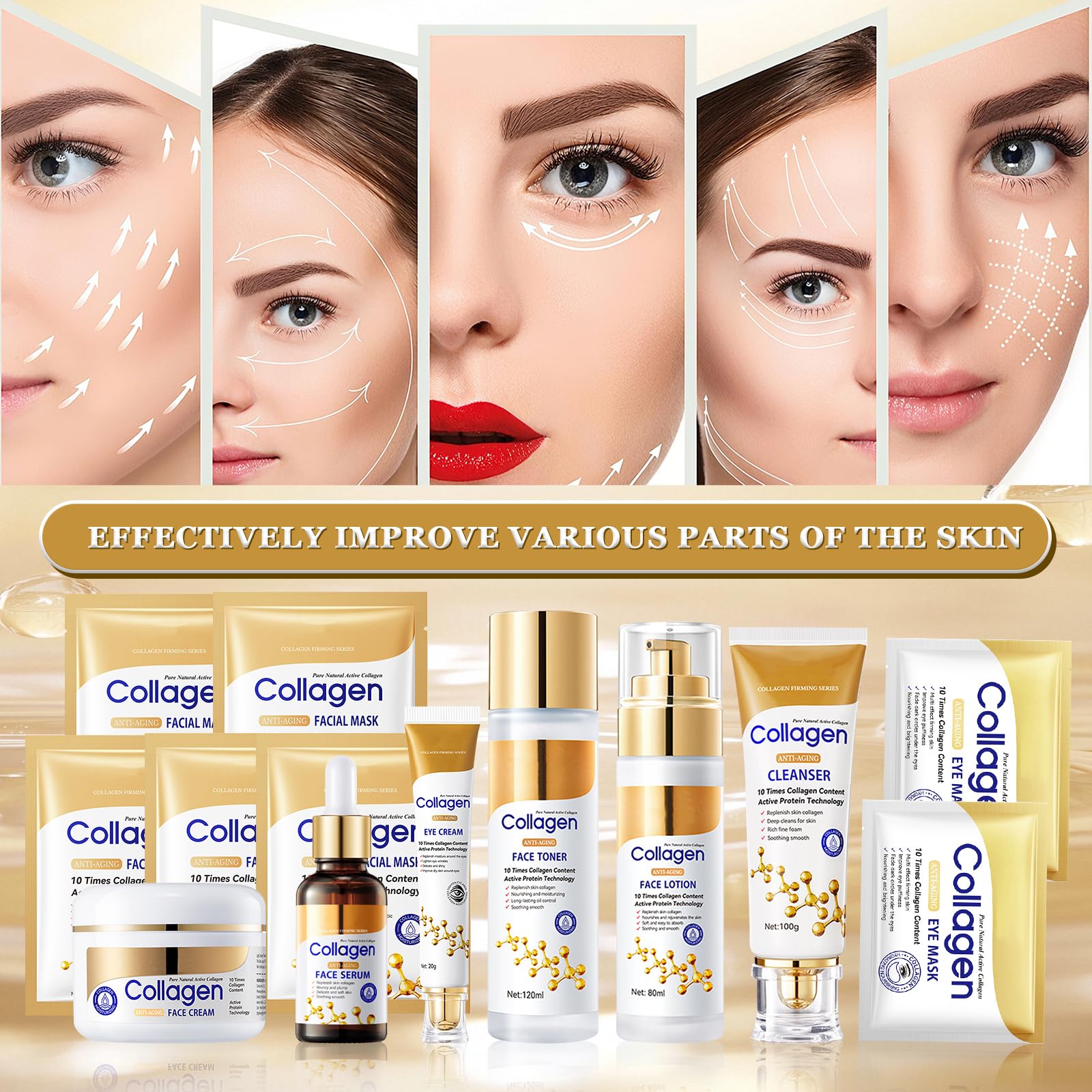 Set Skincare Collagene 13 Pezzi, Kit Skincare Viso Completo, Con Crema Collagene, Detergente Viso, Detergente, Crema Occhi, Siero Collagene, Cerotti Occhi, Maschera Collagene, Skincare Coreana Kit