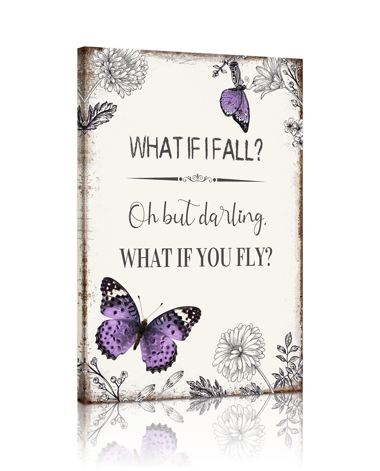 Inspirational Quote Canvas Wall Art : Purple Butterfly Picture Motivational Framed Poster, What if I Fall Positive Sign for Teen Girl Bedroom 16" x 24"