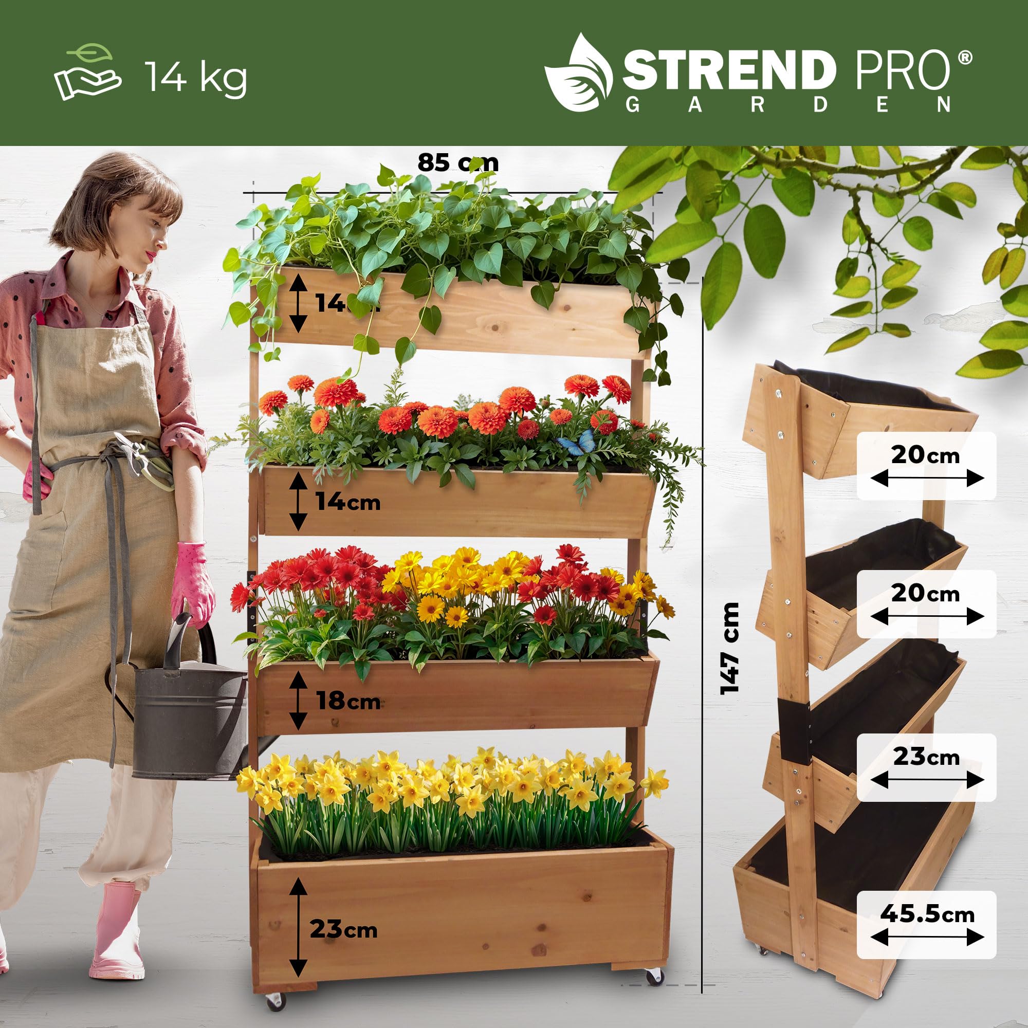 STREND PRO Balkon Hochbeet 4 Etagen Holz | 147x85x45cm (HxBxT) | Wetterfestes Vertikalbeet Pflanzentreppe Outdoor | Kräuterbeet Balkon für Blumen, Kräuter & Gemüse – für Terrasse, Garten