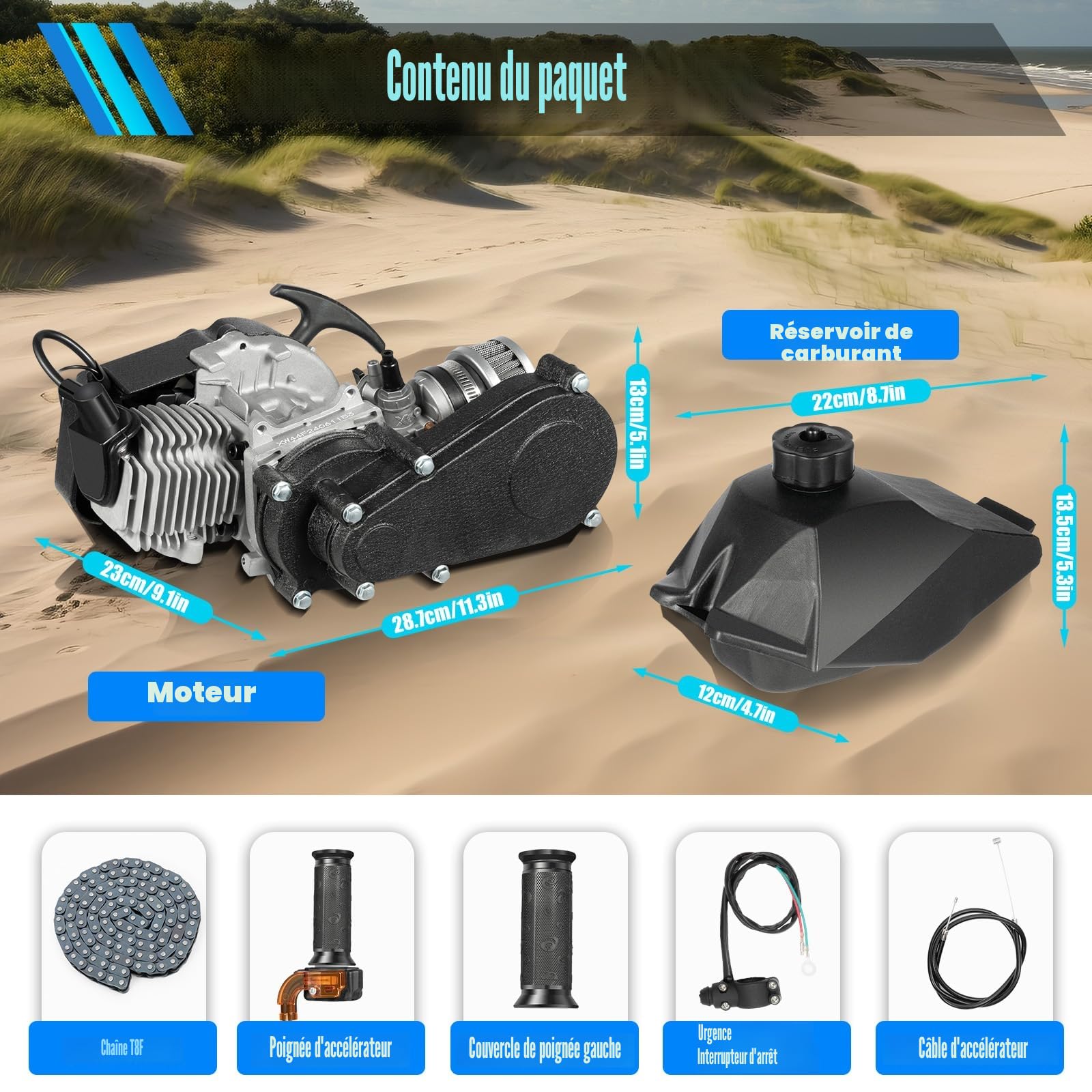 Kit complet de moteur 49 cc 2 temps monocylindre pour Pocket Bike Mini Dirt Bike T8F Chaîne 40 miles horaires