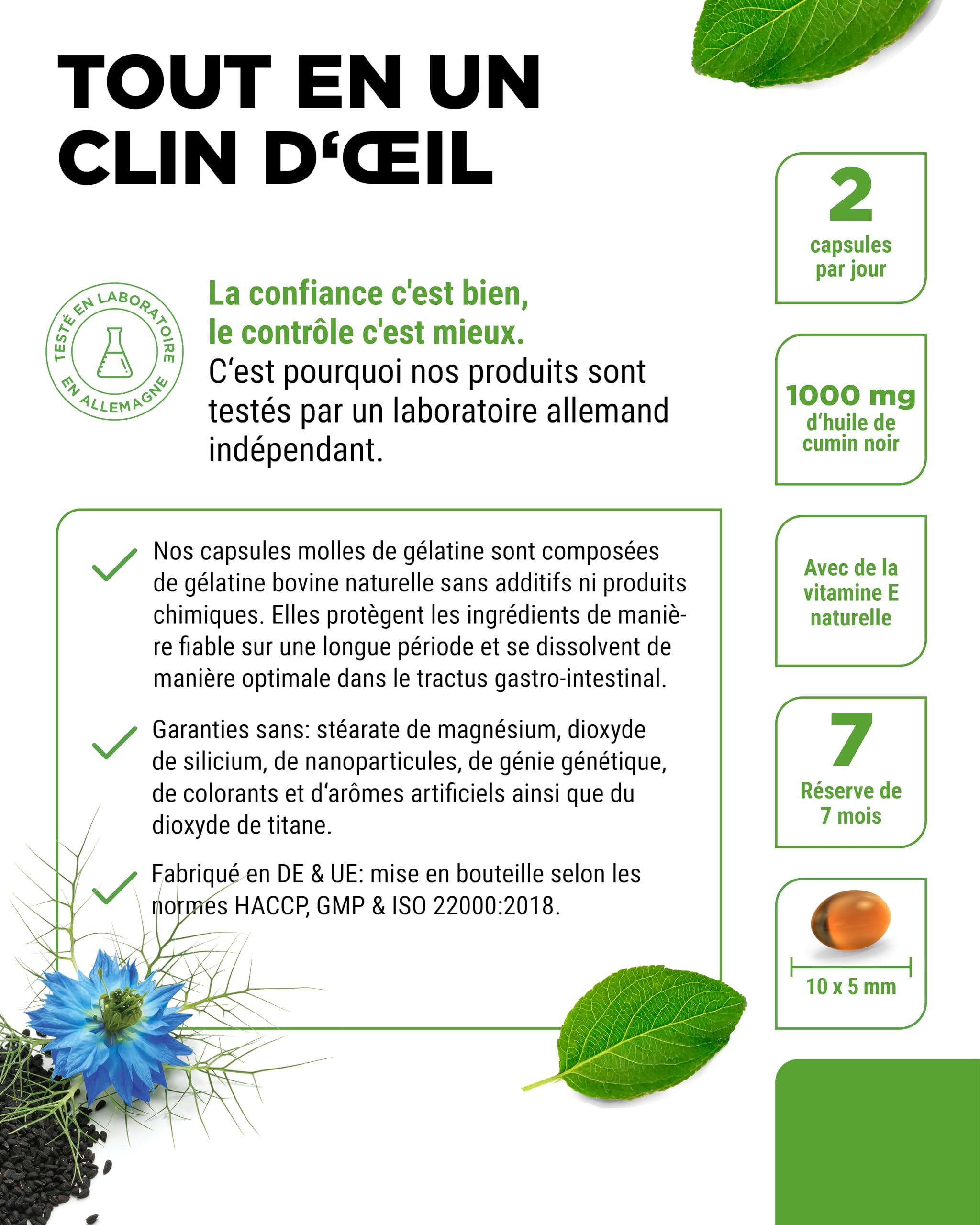 Huile de Cumin Noir - 420 capsules - 1000 mg par Portion Journalière - Egyptienne, Naturelle & Pressée à Froid - Véritable Nigella sativacapsules d'Huile de Cumin Noir à Haute Dose.