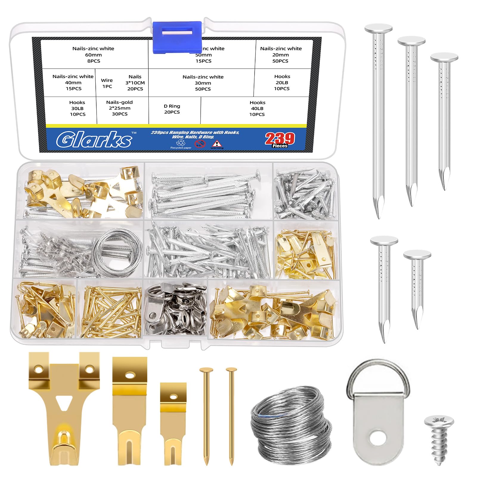 Glarks 568pcs Picture Hanging Kit, Hanging Hardware with Hooks, Wire, Nails, D Ring, Wall Hanging Kit, Heavy Duty Picture Hanger Frame Hook Hardware, Heavy Duty Frame Hanging Hardware for Hanging